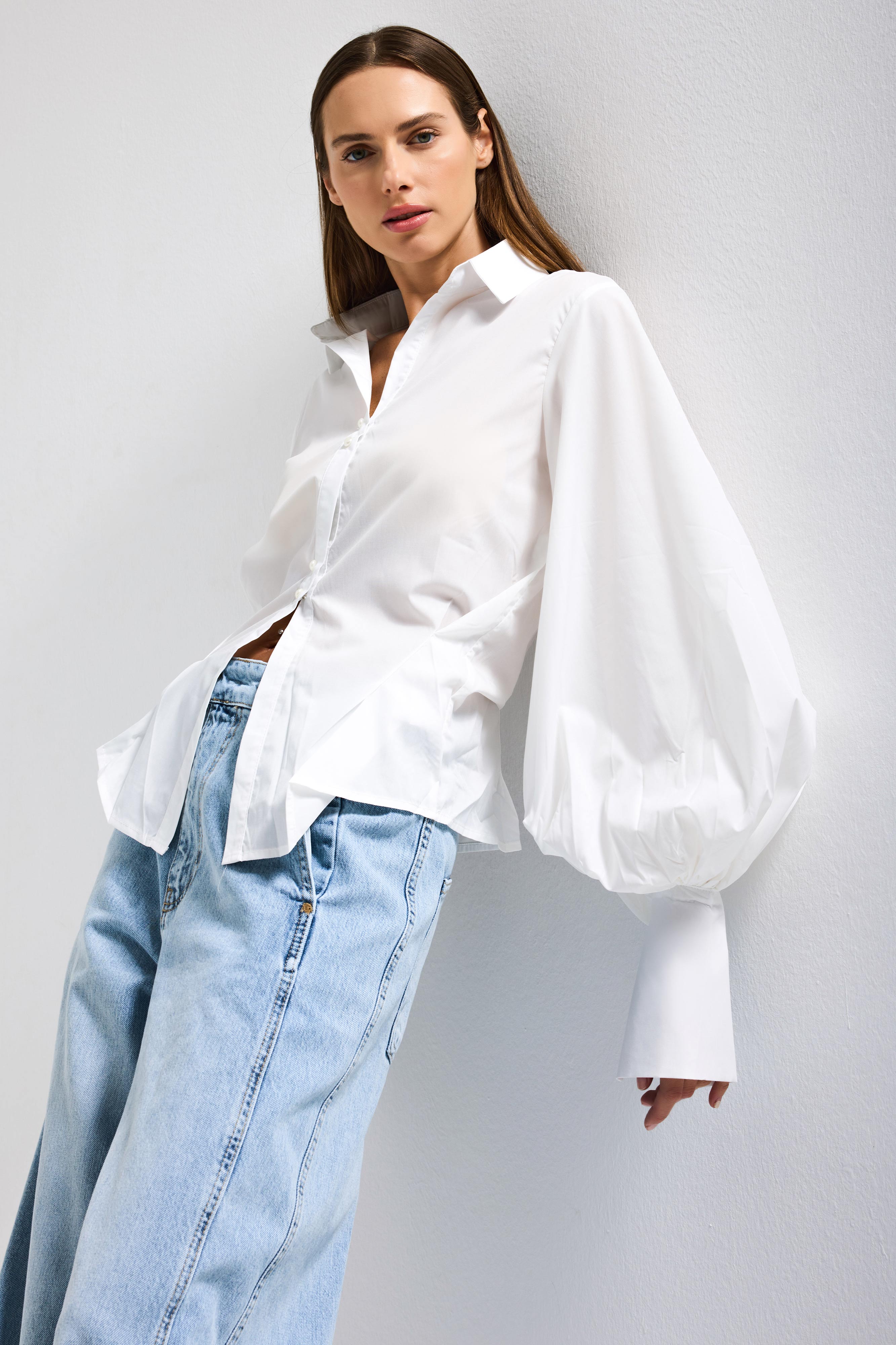 Kadın Beyaz w5 Balon Kol Pamuk Belden Oturtmalı Özel Tasarım Gömlek