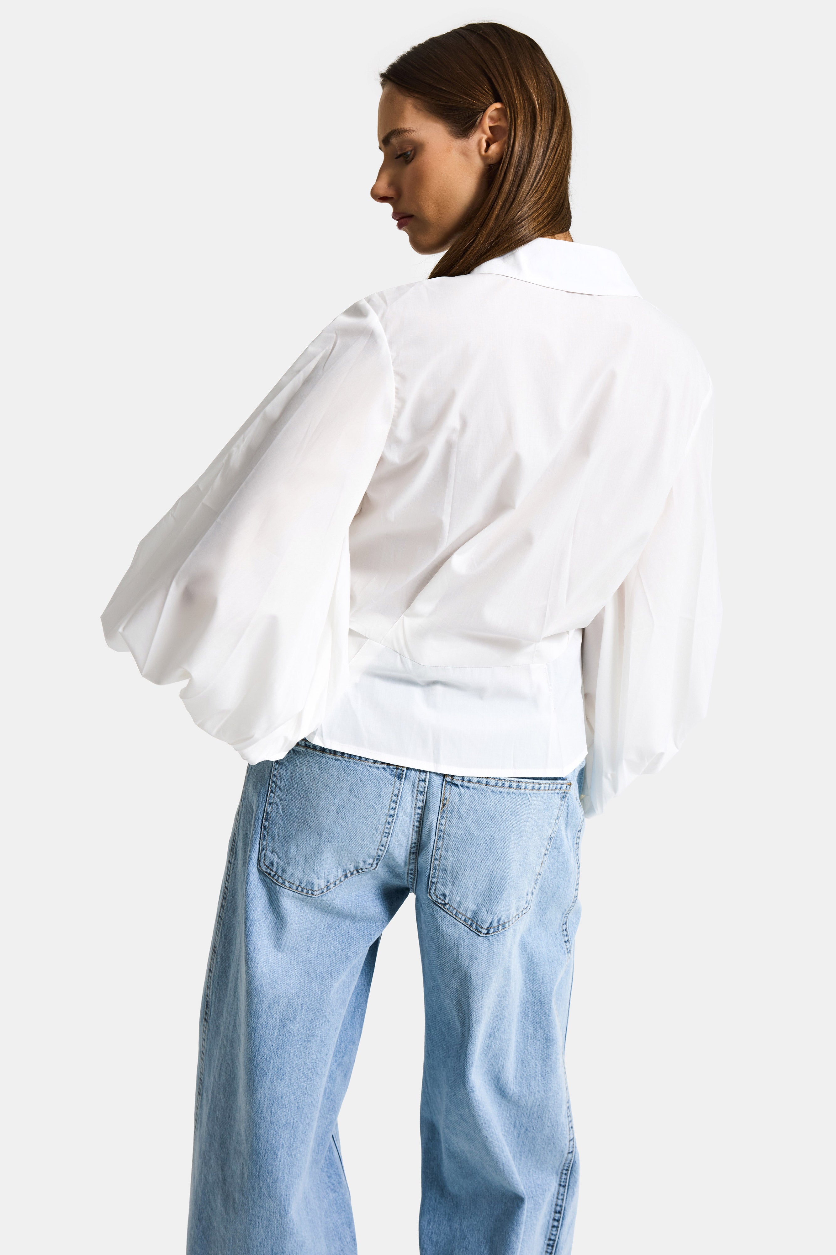 Kadın Beyaz w5 Balon Kol Pamuk Belden Oturtmalı Özel Tasarım Gömlek