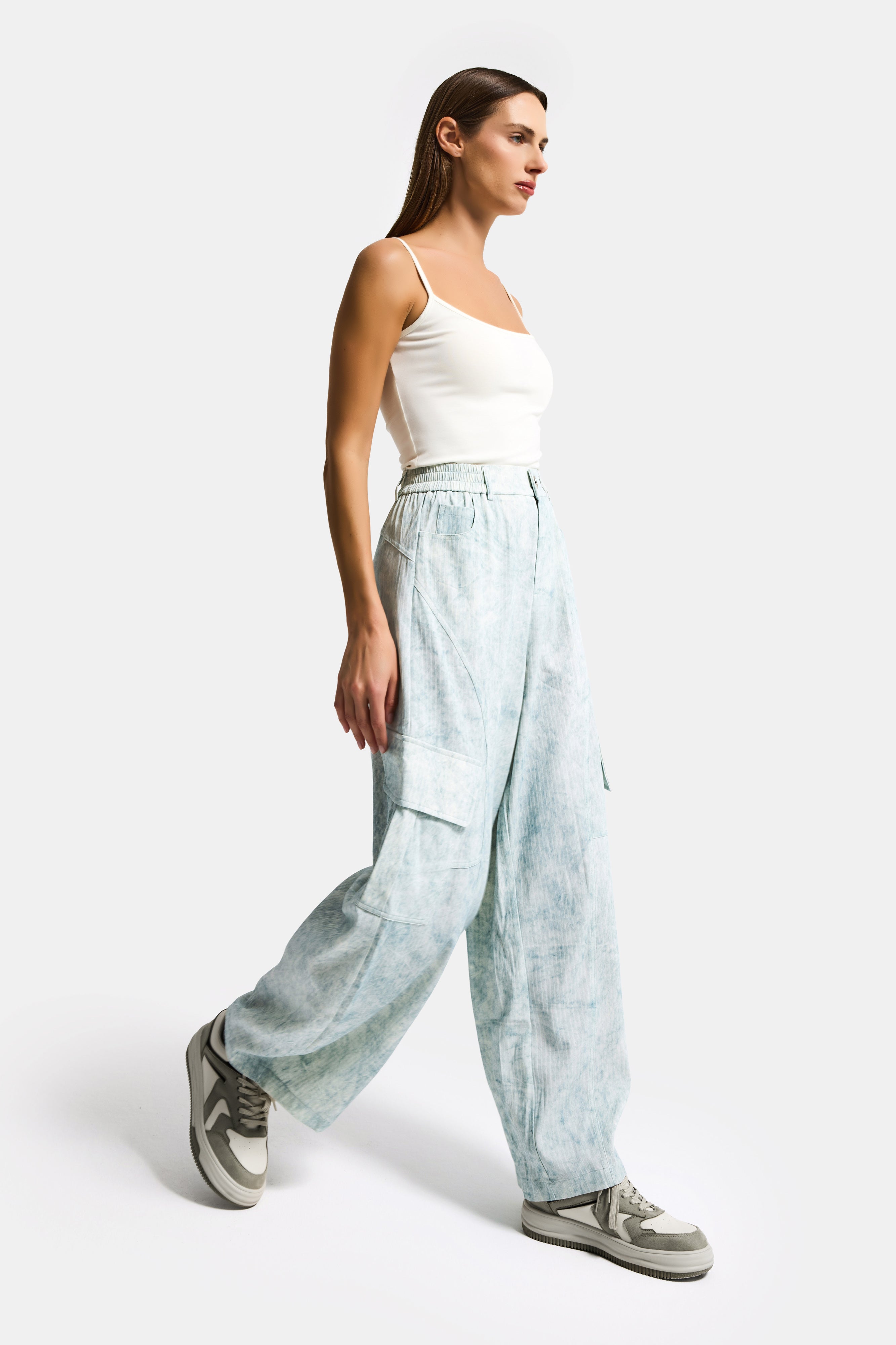 Kadın Mavi Ekru w5 Skater Mom Kargo Cep Özel Kumaş Tasarım Pantolon