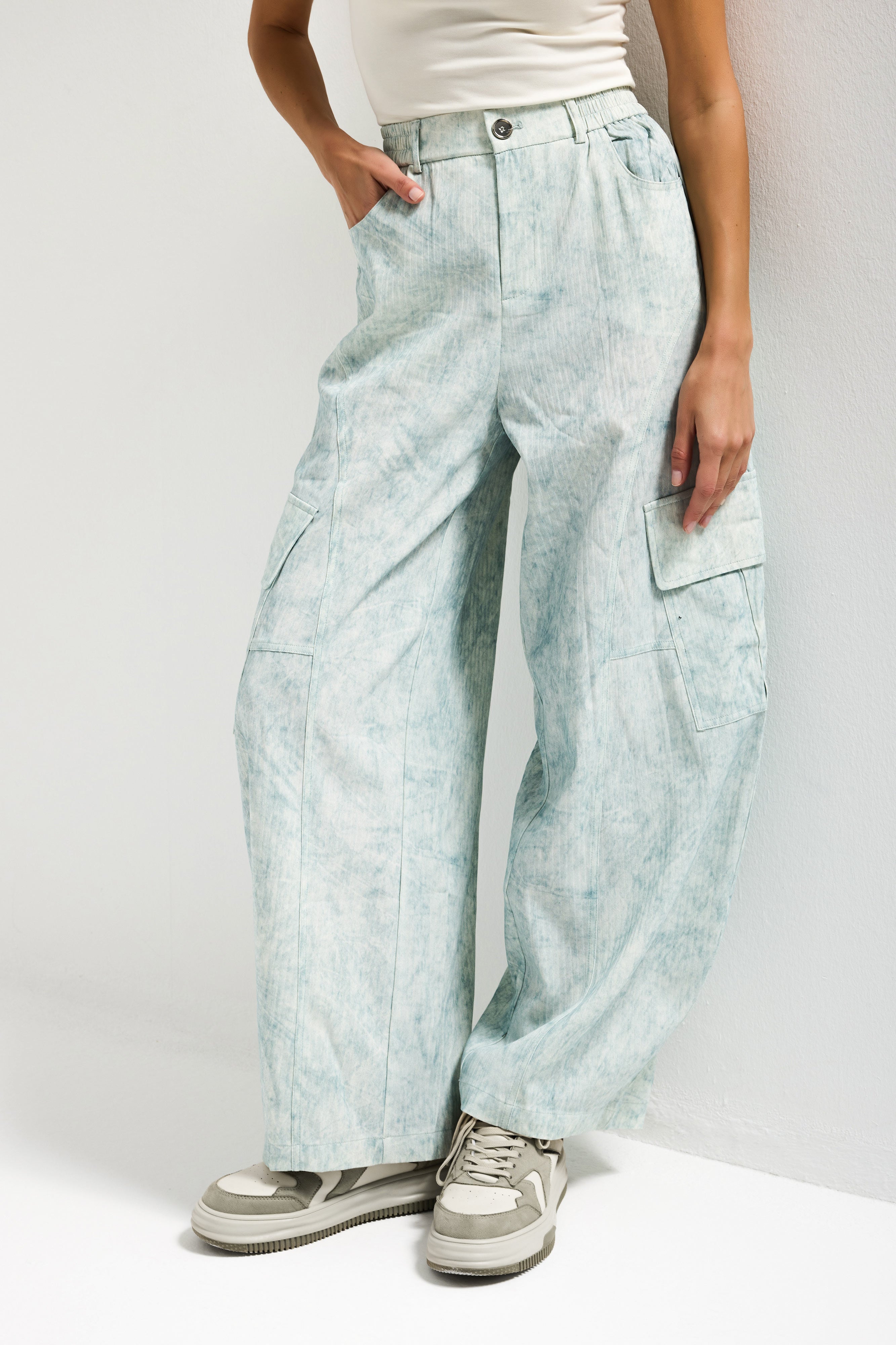 Kadın Mavi Ekru w5 Skater Mom Kargo Cep Özel Kumaş Tasarım Pantolon