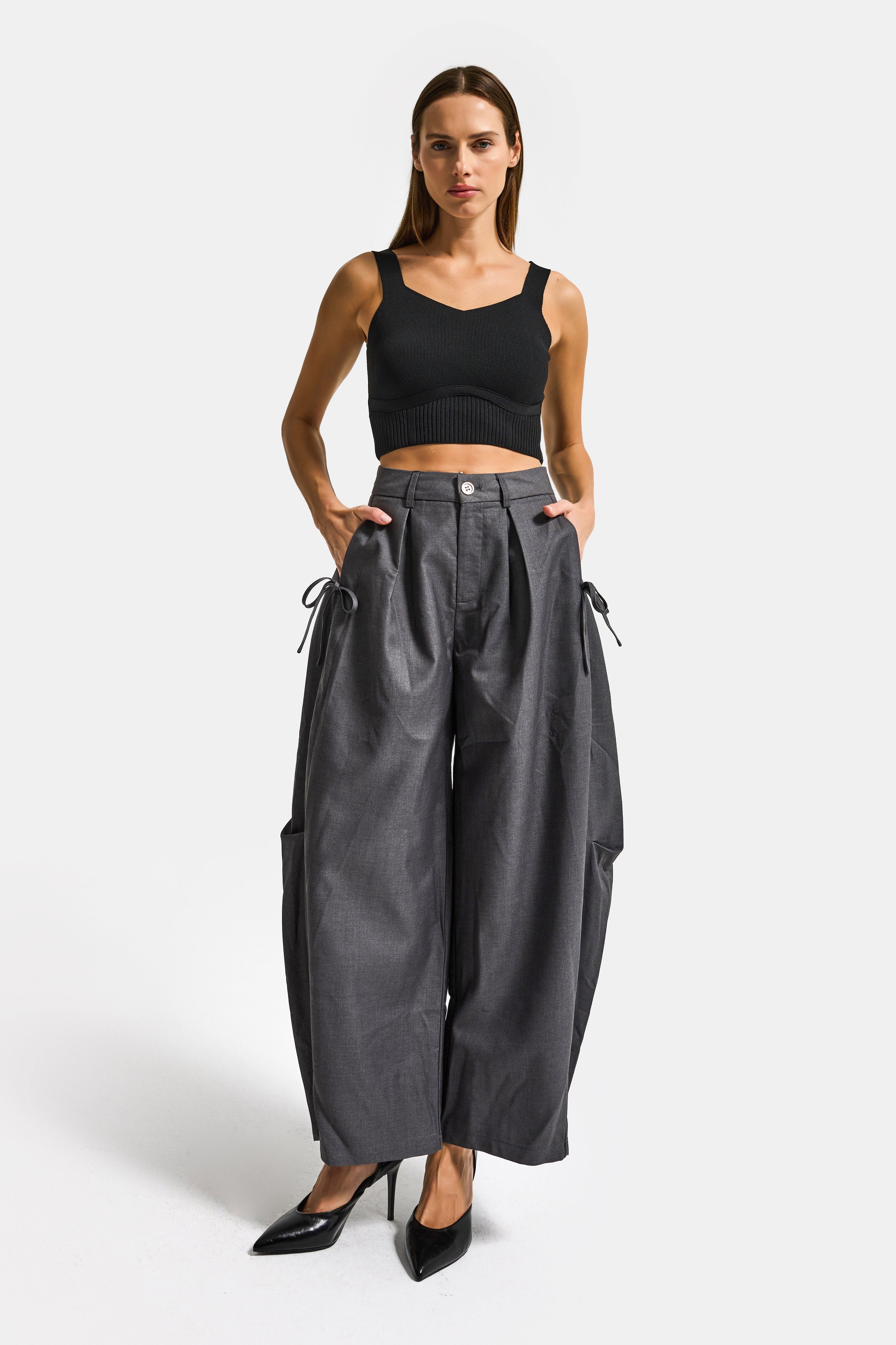 Kadın Gri w5 Bol Kesim Viskon Kumaş Özel Tasarım Pantolon