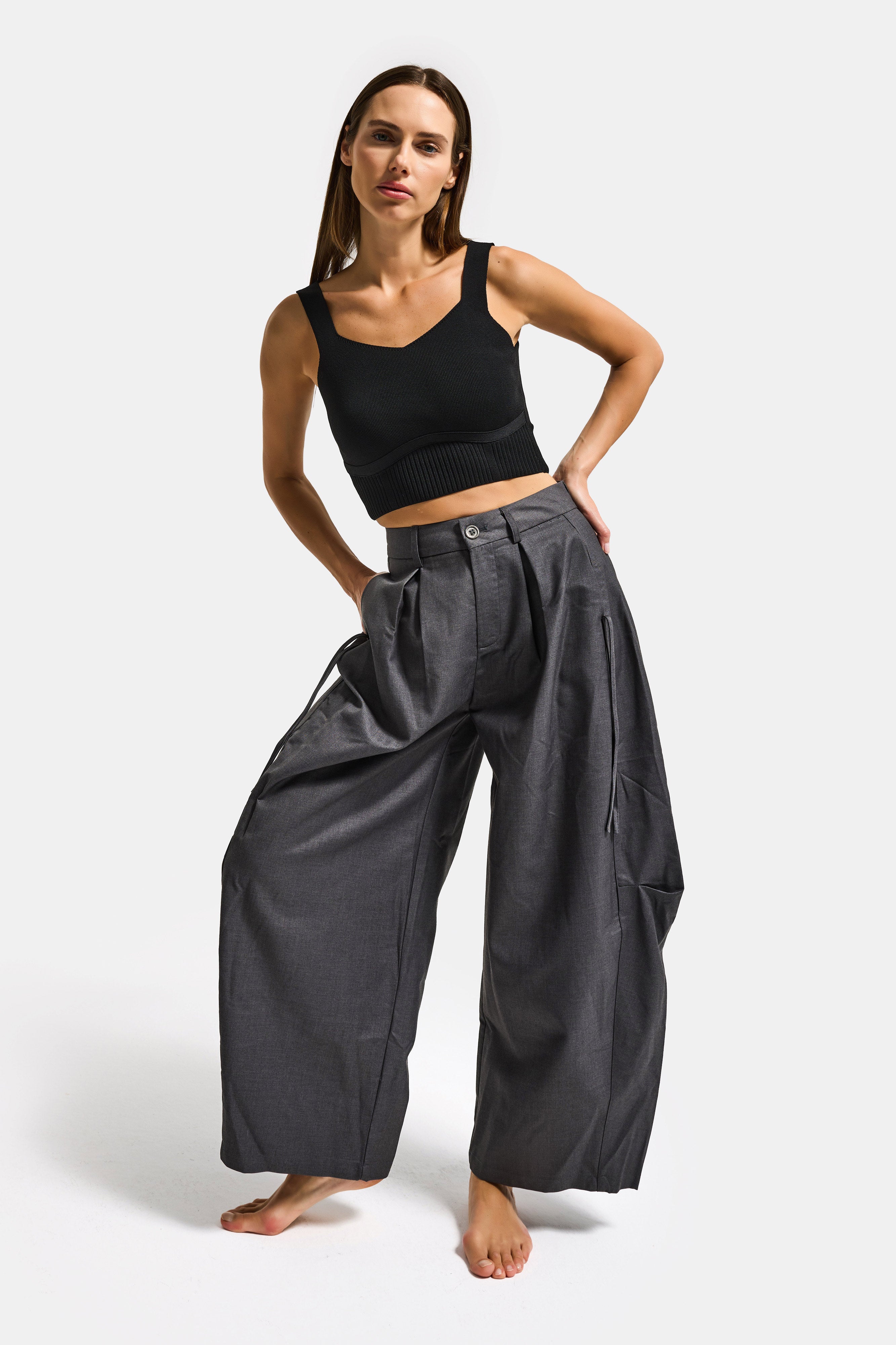 Kadın Gri w5 Bol Kesim Viskon Kumaş Özel Tasarım Pantolon