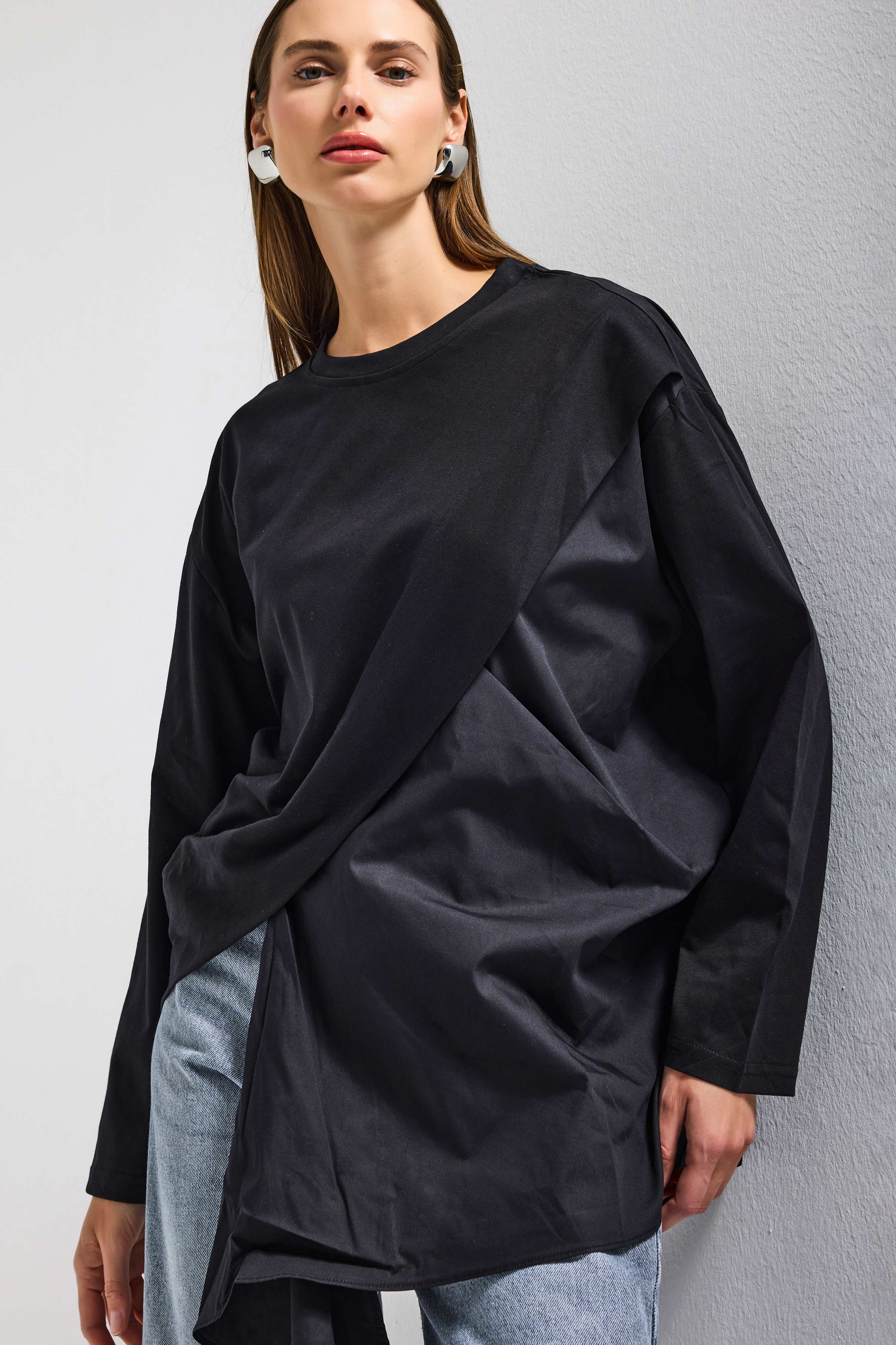 Kadın Siyah w5 Oversize Çift Parça Tasarım Gömlek Sweatshirt