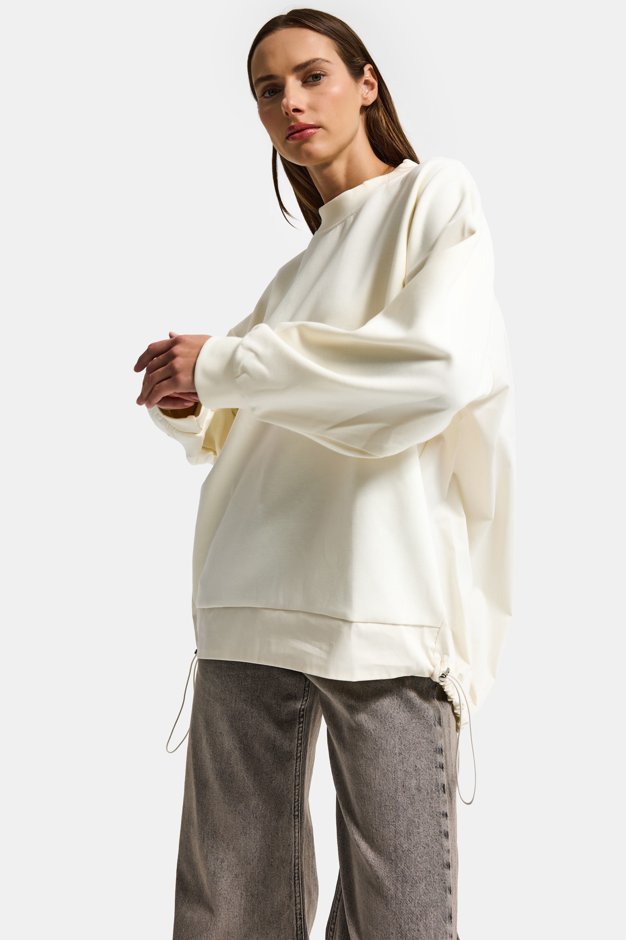 Kadın Ekru w5 Oversize Pamuk Tasarım Sweatshirt