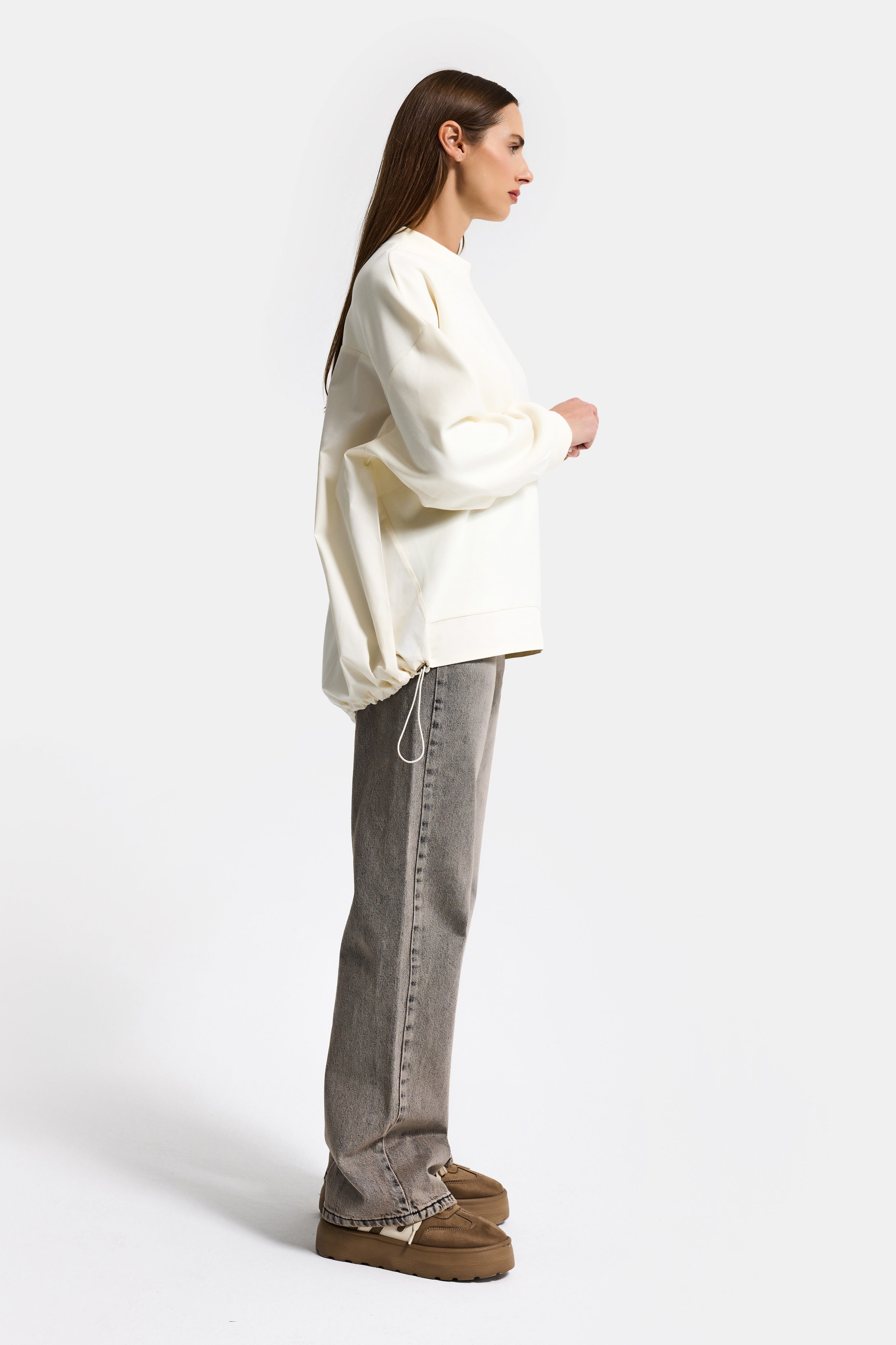 Kadın Ekru w5 Oversize Pamuk Tasarım Sweatshirt