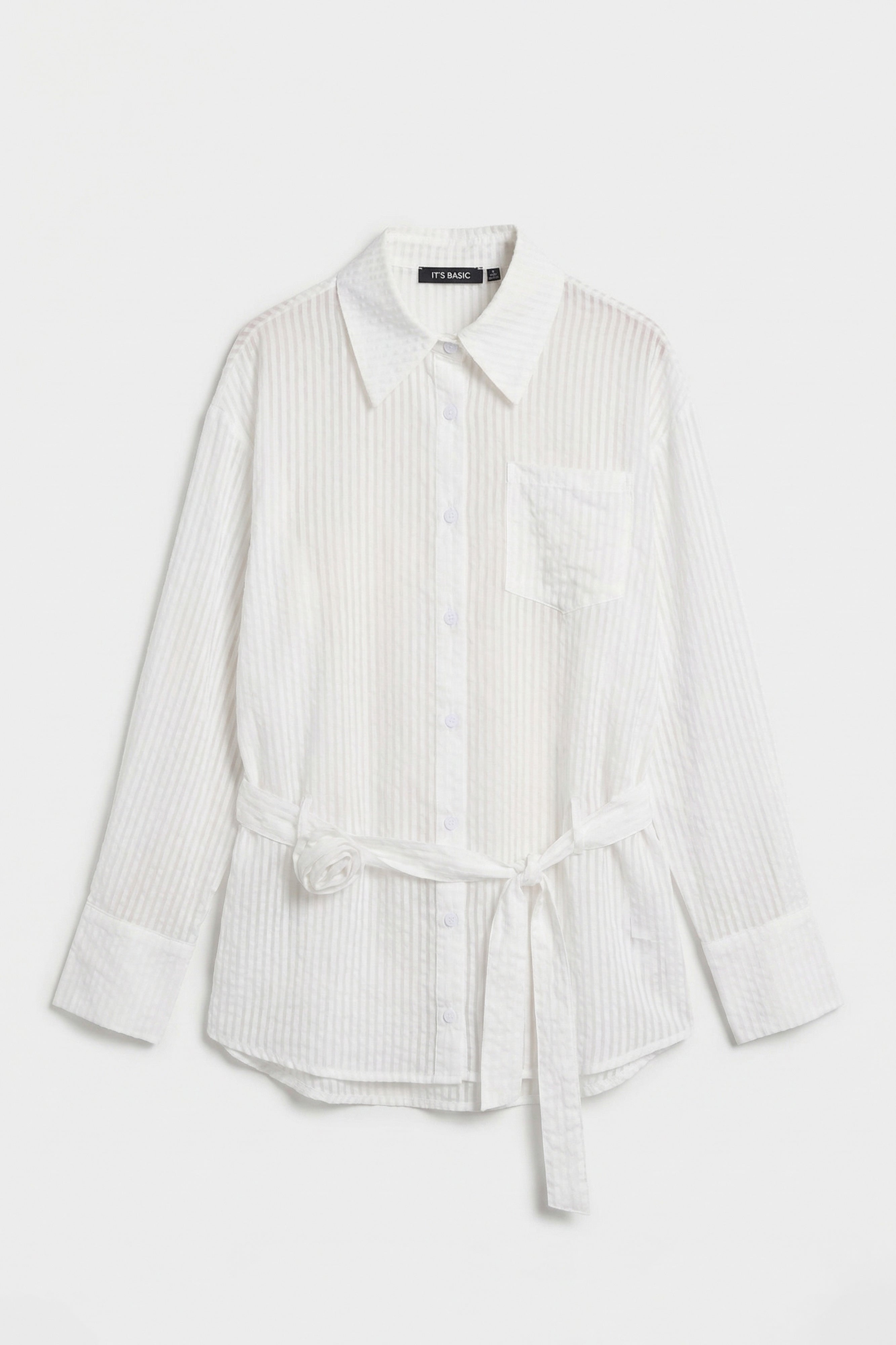 Kadın Beyaz w5 Oversize Kemer Detaylı Özel Kumaş Tasarım Gömlek