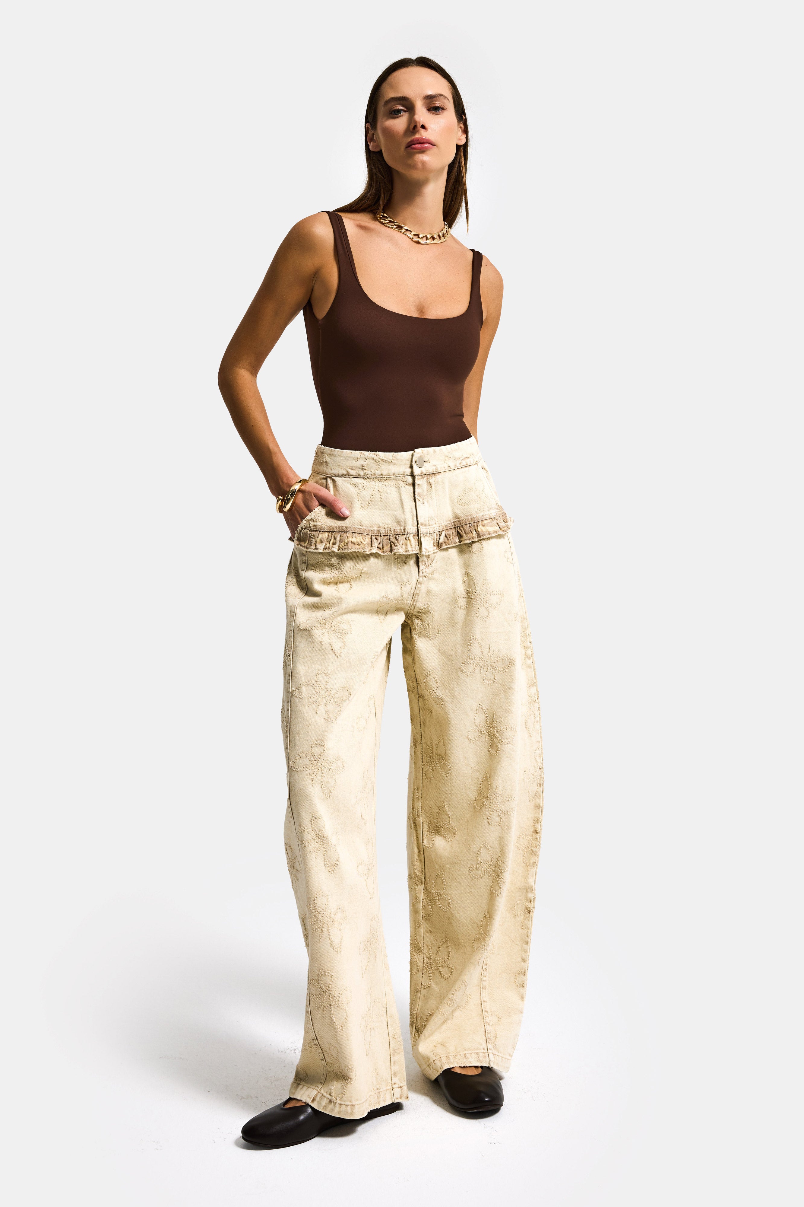 Kadın Bej w5 Baggy Fit Özel Kelebek Desenli Tasarım Kumaş Denim Jean