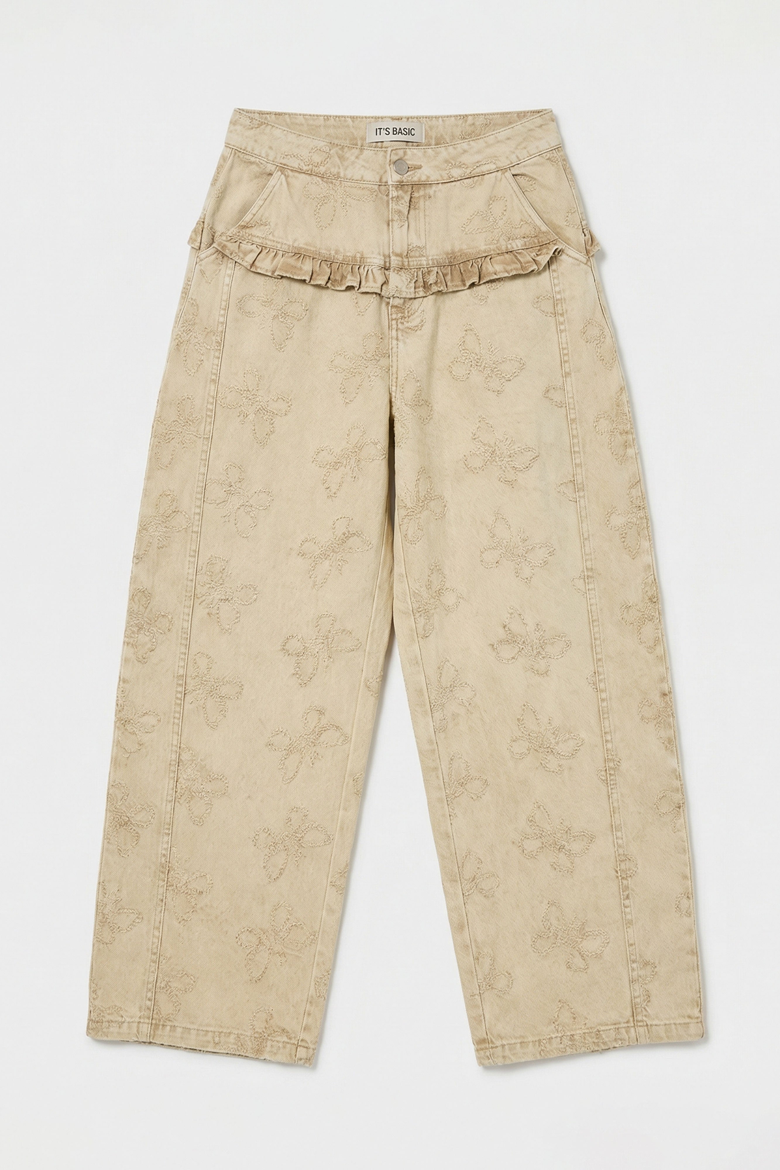 Kadın Bej w5 Baggy Fit Özel Kelebek Desenli Tasarım Kumaş Denim Jean