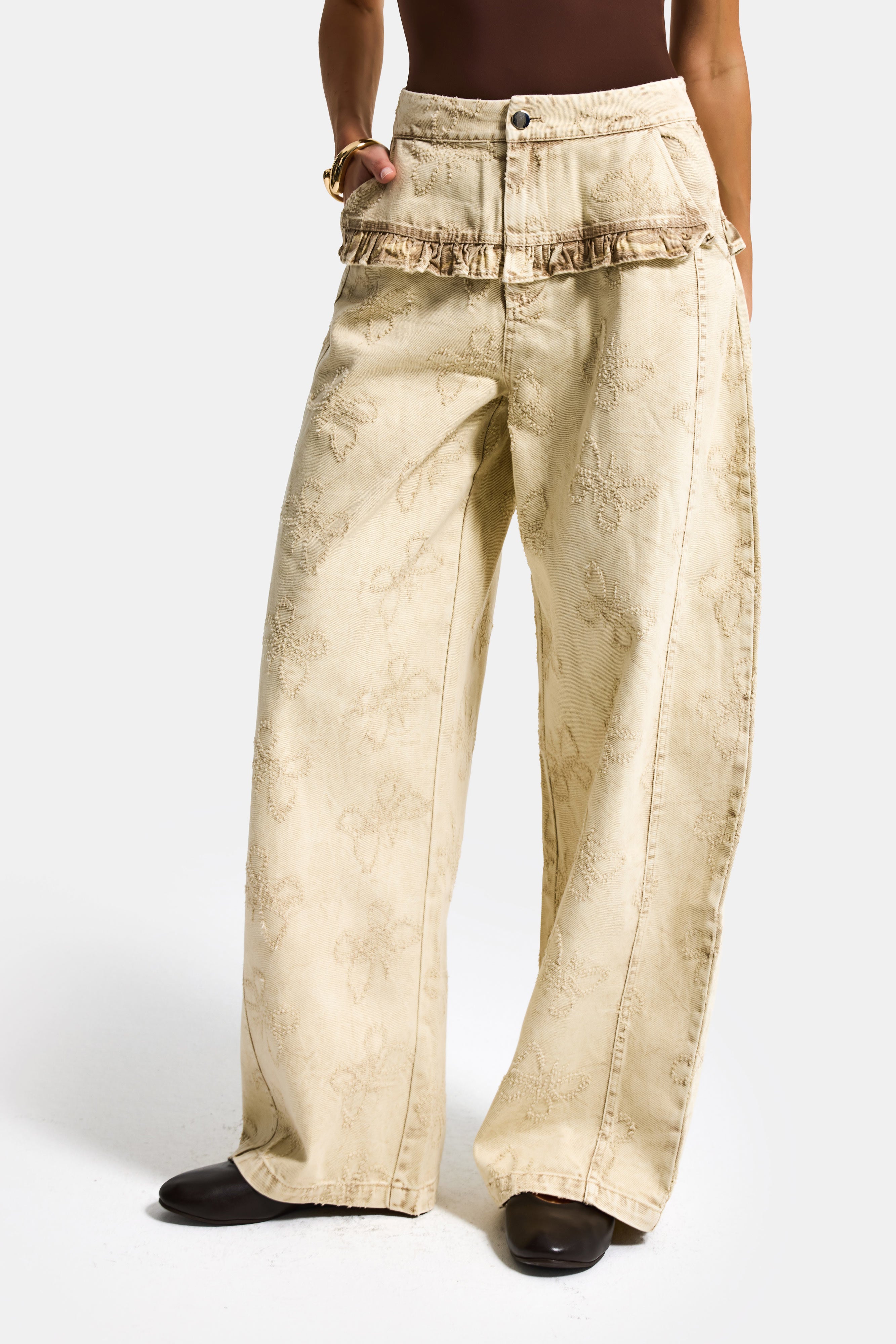 Kadın Bej w5 Baggy Fit Özel Kelebek Desenli Tasarım Kumaş Denim Jean