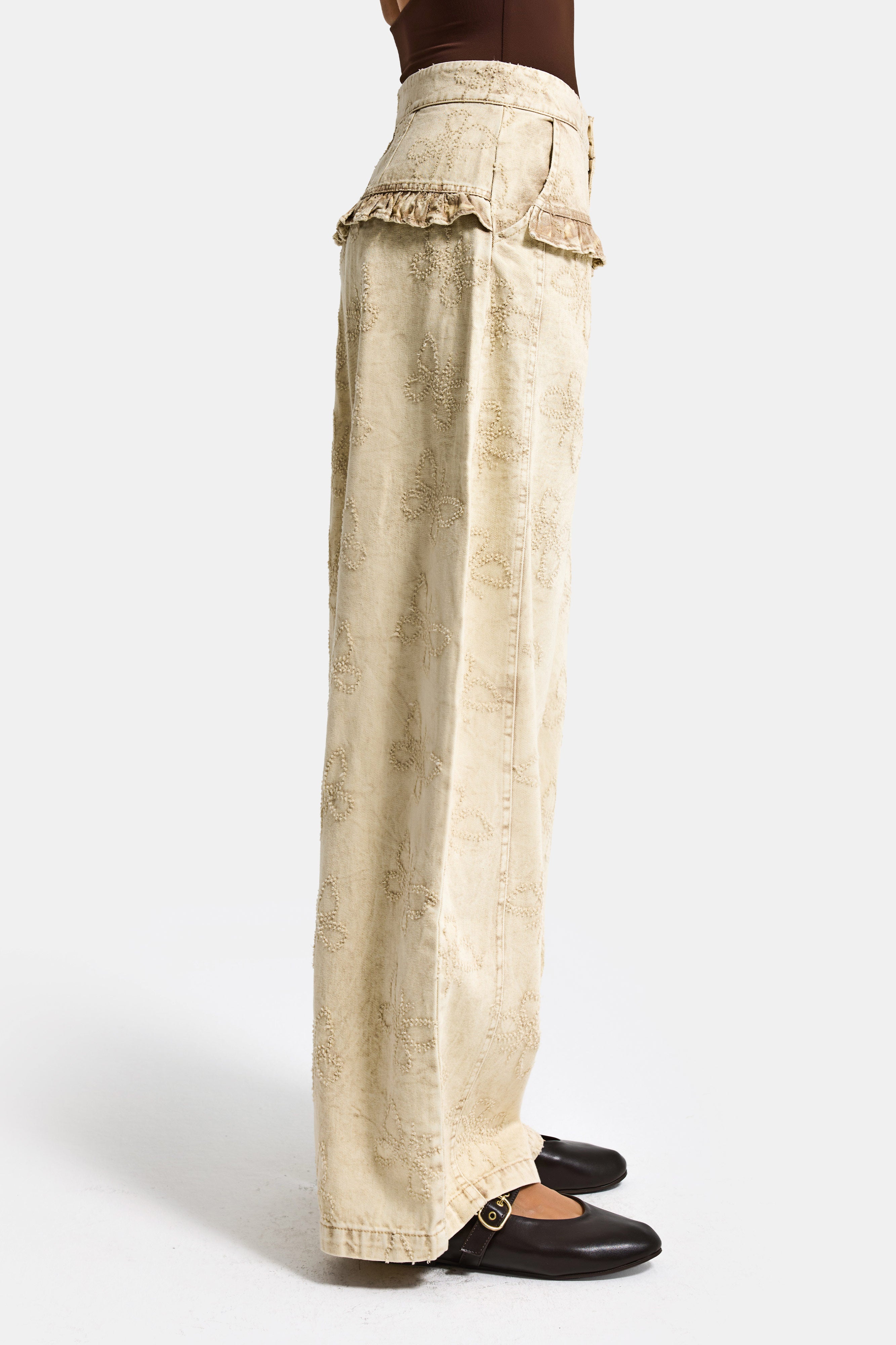 Kadın Bej w5 Baggy Fit Özel Kelebek Desenli Tasarım Kumaş Denim Jean