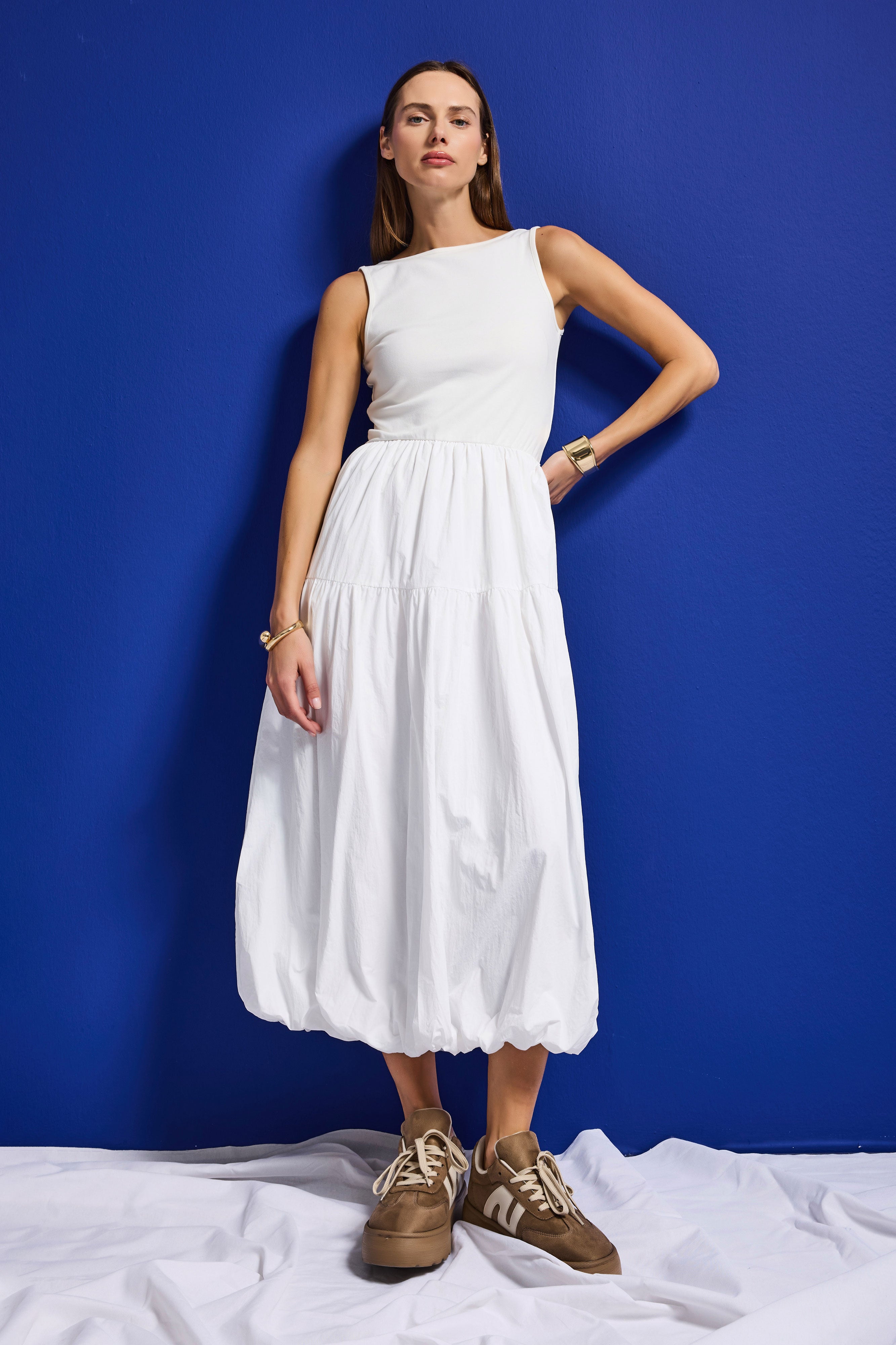 Kadın Beyaz w5 Balon Kesim %100 Organik Pamuk Tasarım Elbise