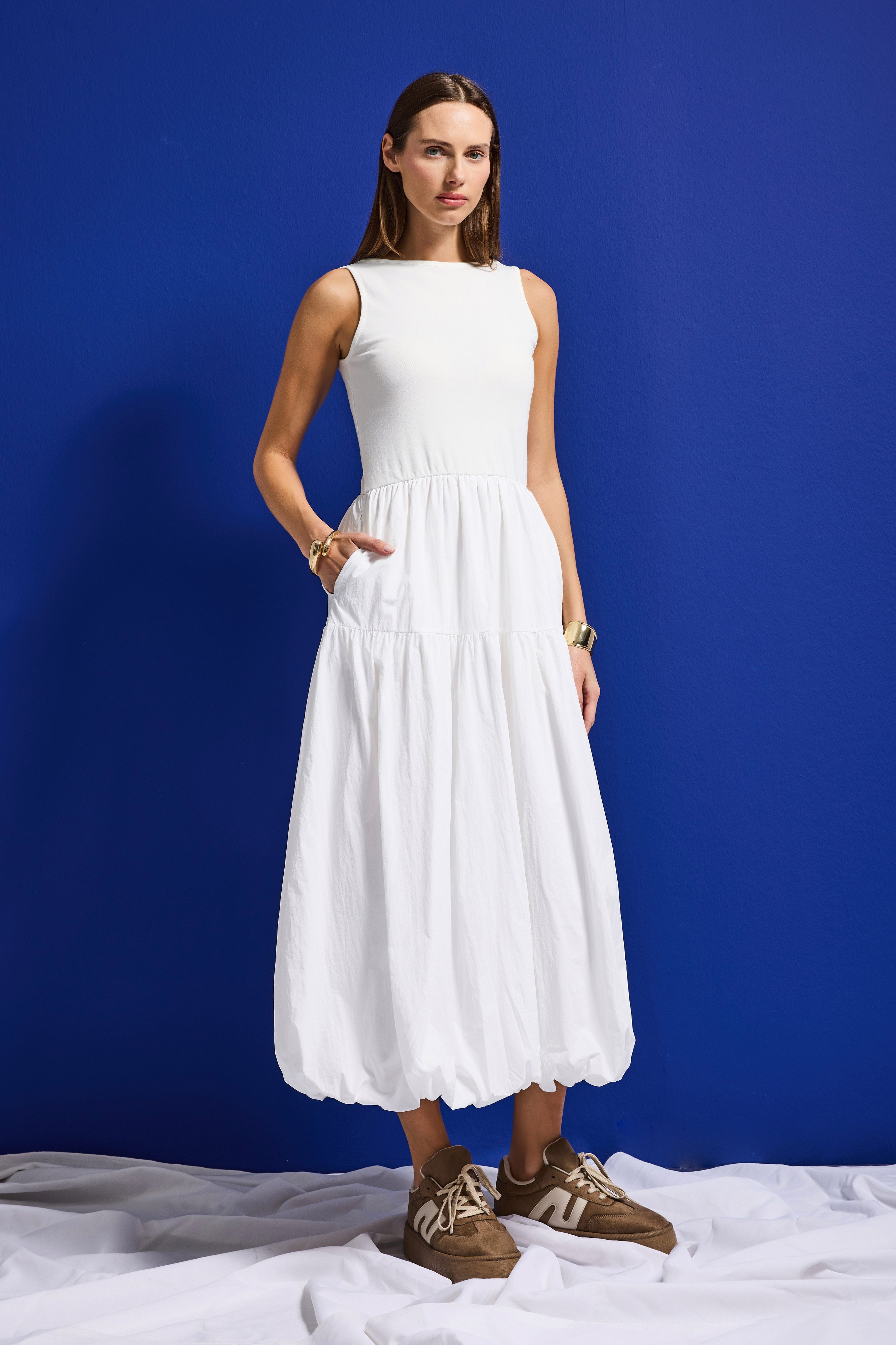 Kadın Beyaz w5 Balon Kesim %100 Organik Pamuk Tasarım Elbise