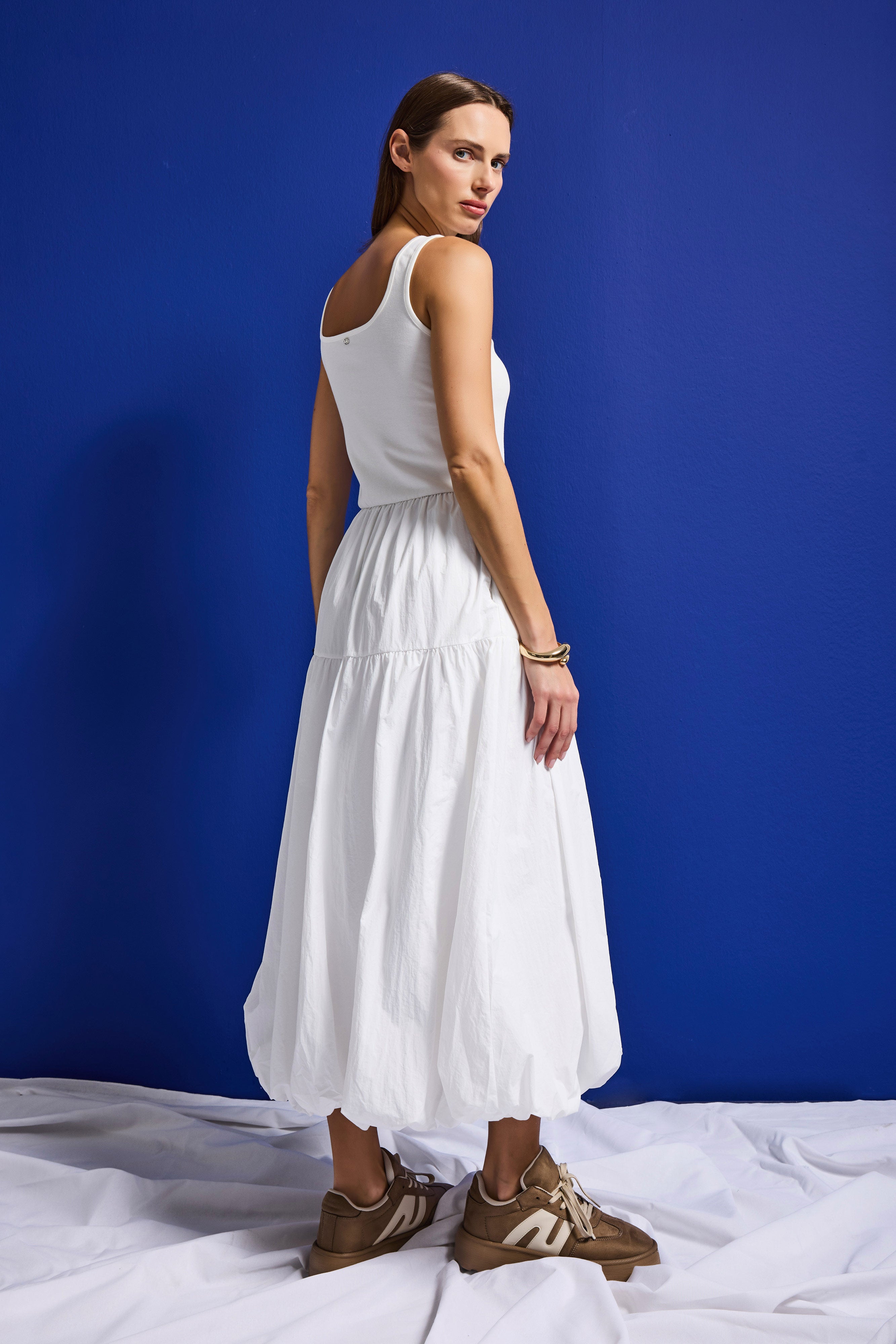 Kadın Beyaz w5 Balon Kesim %100 Organik Pamuk Tasarım Elbise