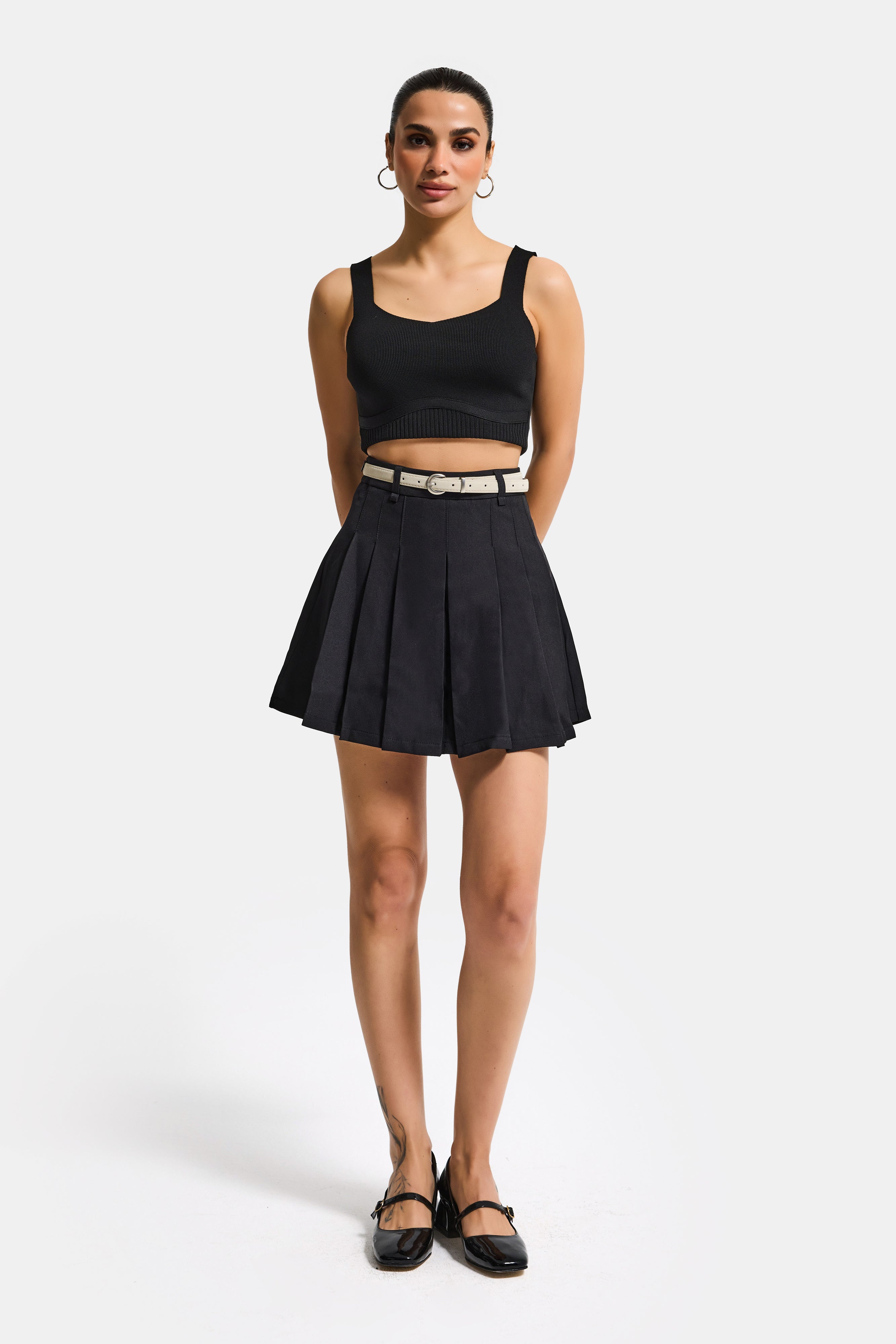 Women's Black w5 Belted Pleated Organic Cotton Fabric Mini Skirt with Inner Shorts
