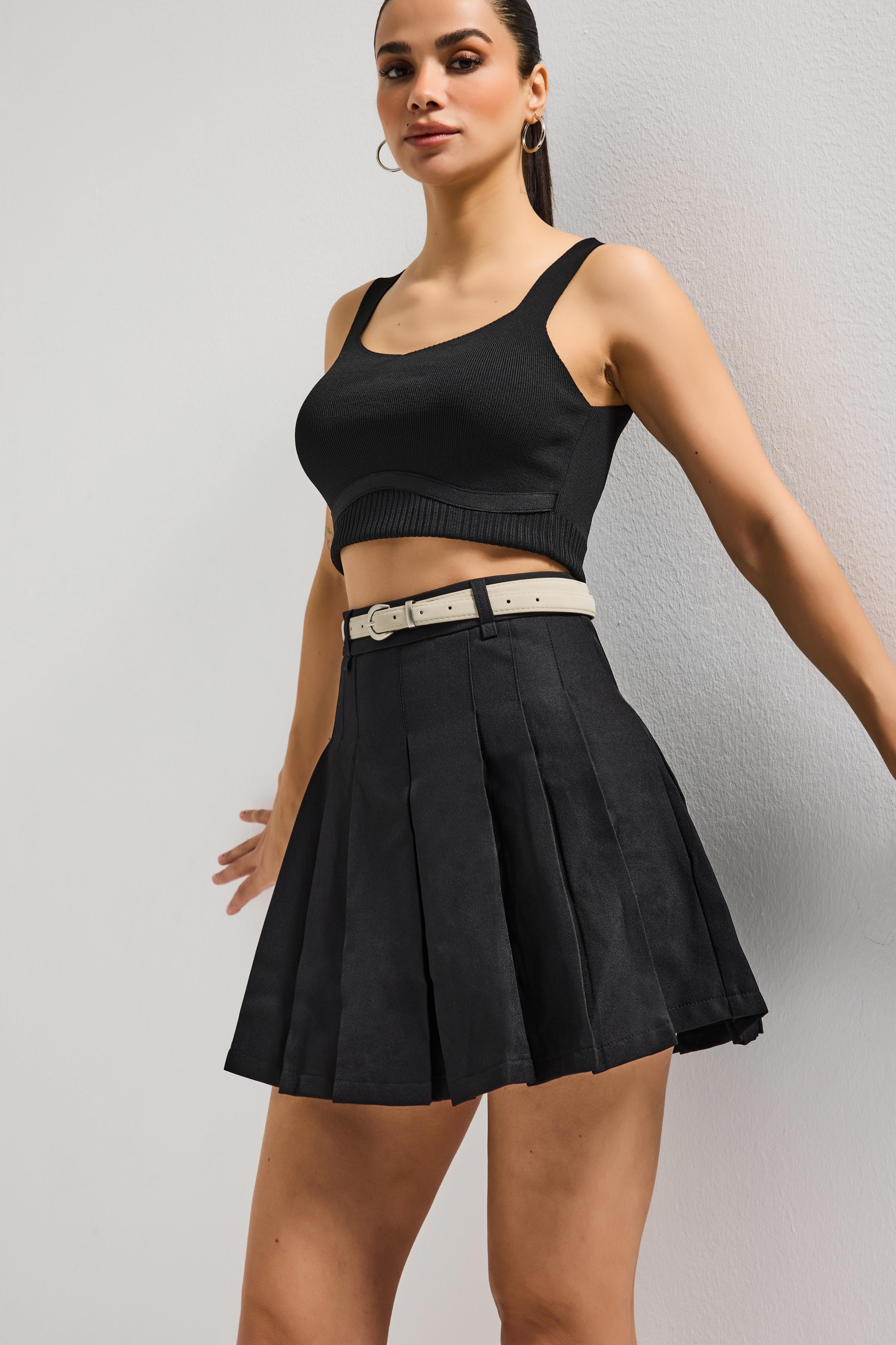 Women's Black w5 Belted Pleated Organic Cotton Fabric Mini Skirt with Inner Shorts