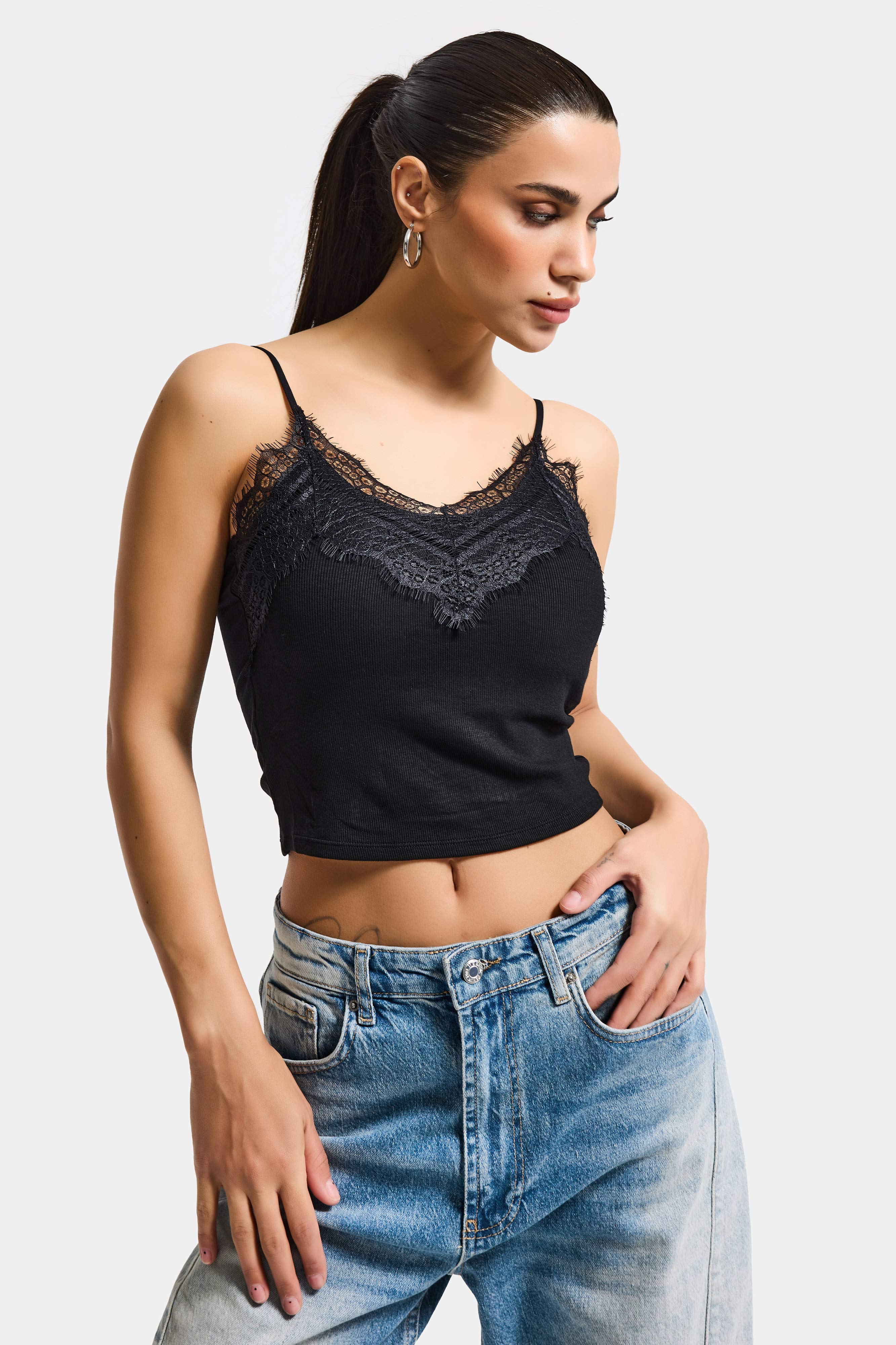 Women's Black w5 Lace Detailed Padded Cup Strappy Design Bodysuit
