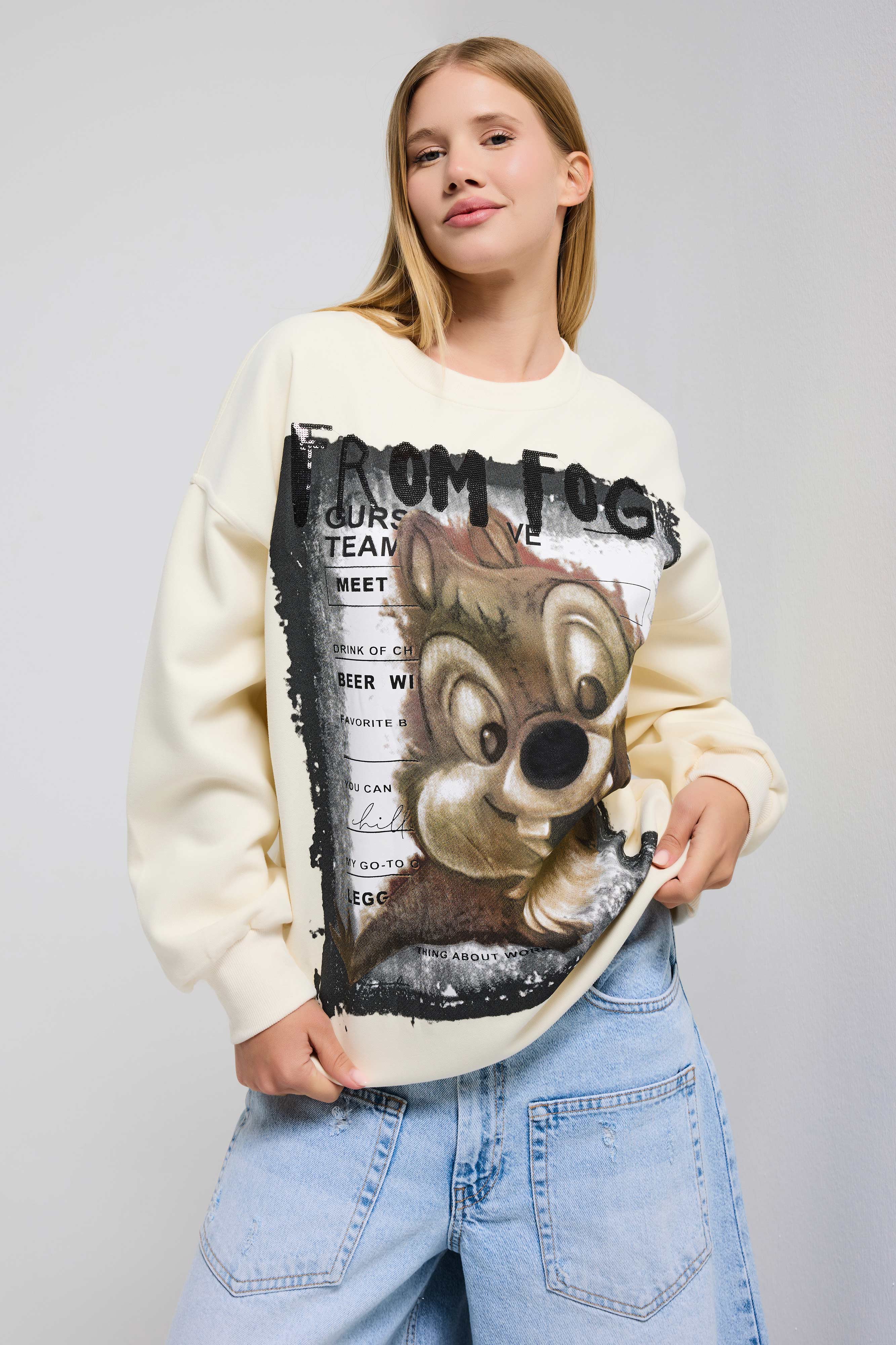 Kadın Ekru w5 Oversize Baskılı %100 Koton Organik Kumaş Sweatshirt