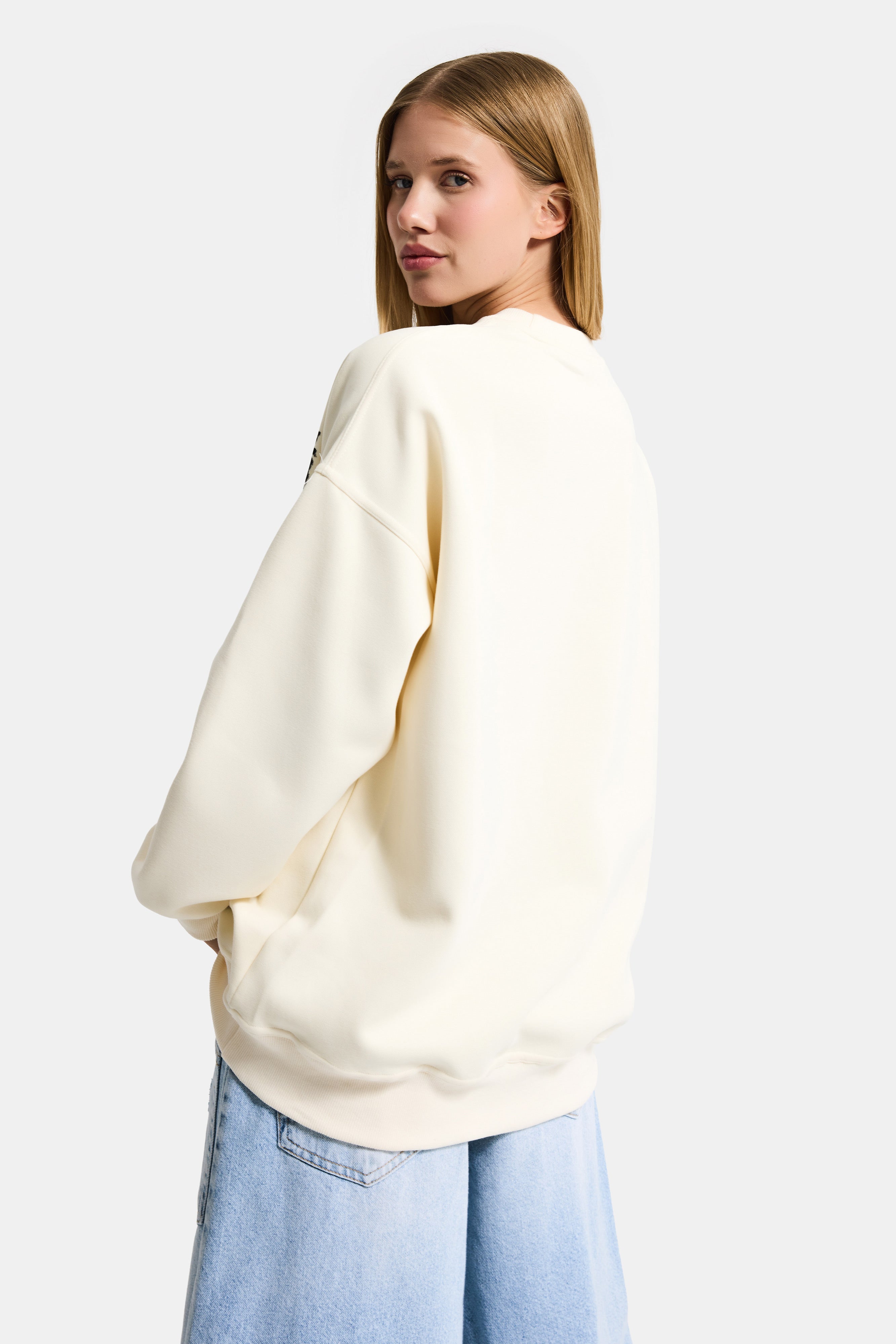Kadın Ekru w5 Oversize Baskılı %100 Koton Organik Kumaş Sweatshirt