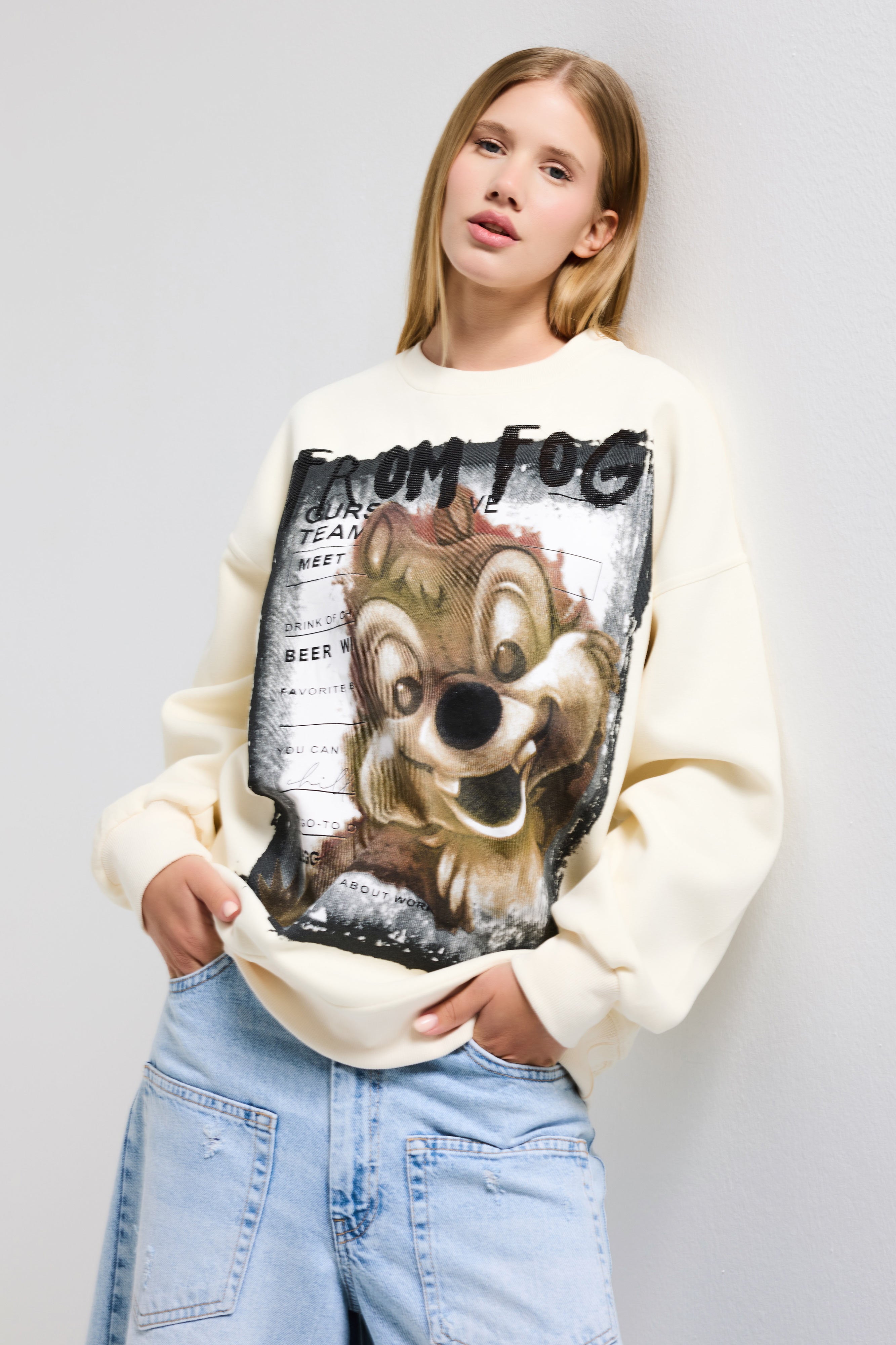 Kadın Ekru w5 Oversize Baskılı %100 Koton Organik Kumaş Sweatshirt