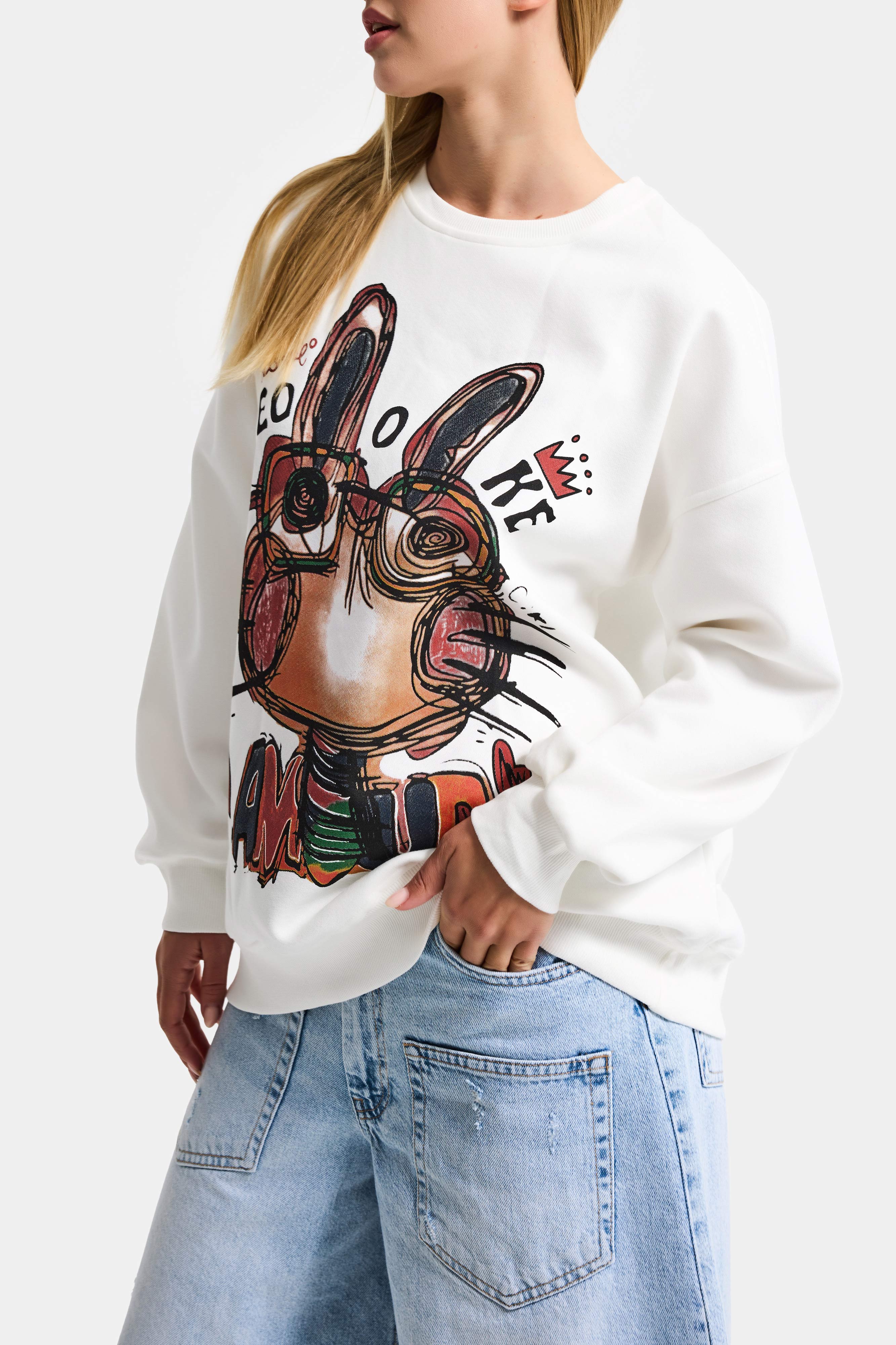 Kadın Beyaz w5 Oversize Baskılı %100 Koton Organik Kumaş Sweatshirt