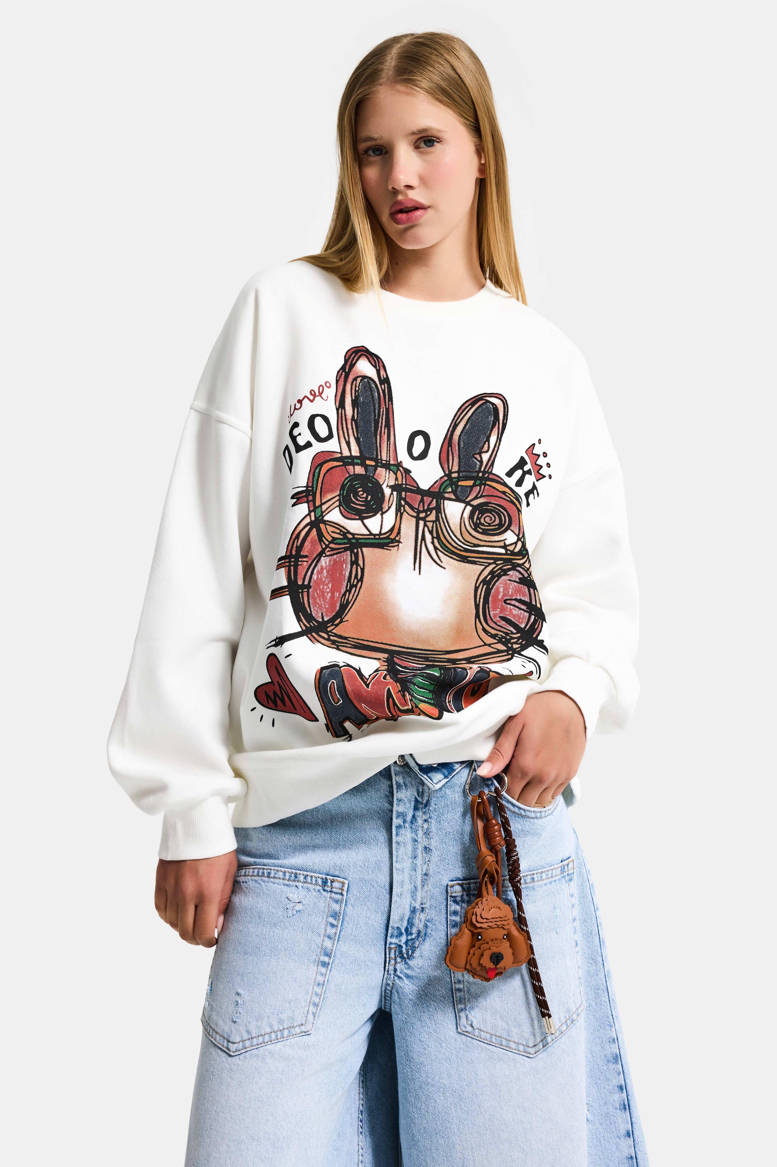 Kadın Beyaz w5 Oversize Baskılı %100 Koton Organik Kumaş Sweatshirt
