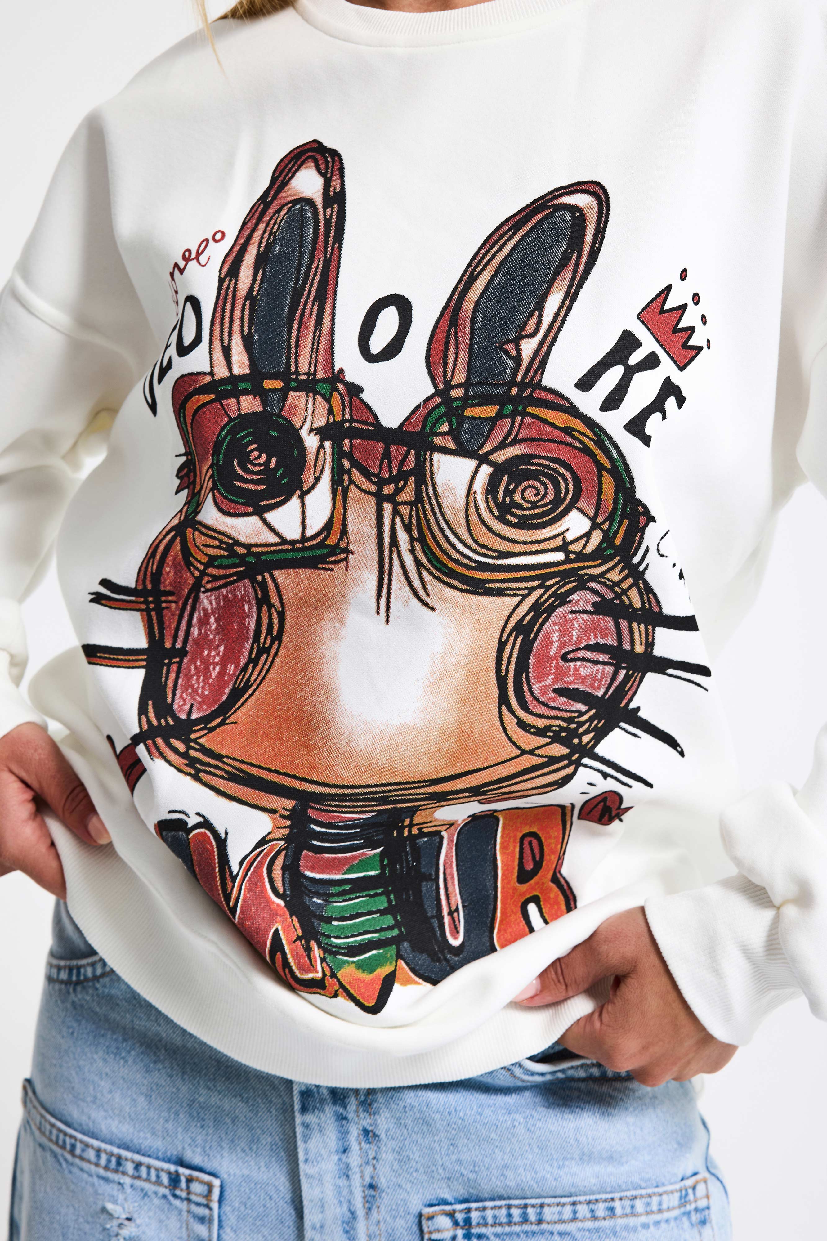Kadın Beyaz w5 Oversize Baskılı %100 Koton Organik Kumaş Sweatshirt