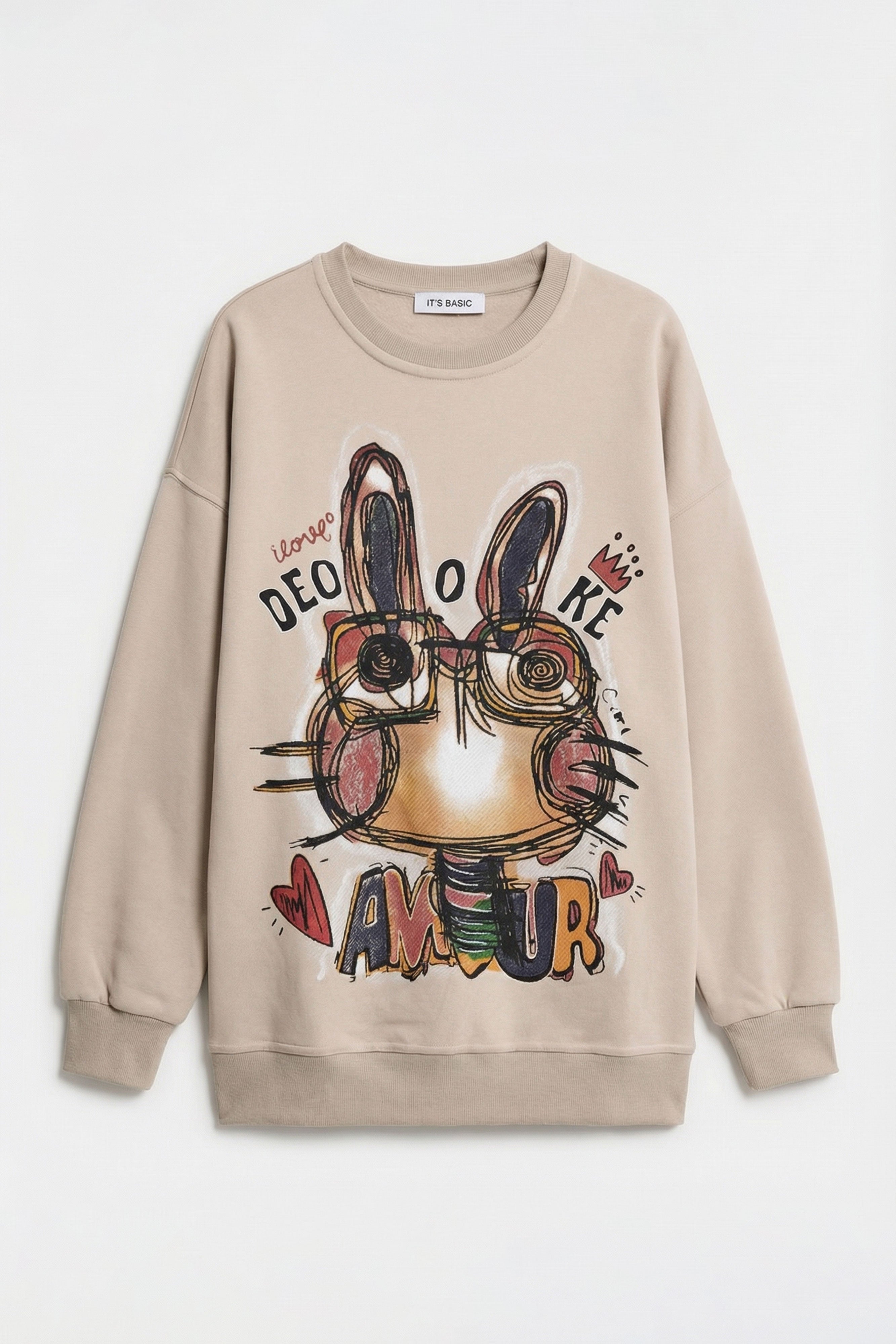 Kadın Ekru Bej w5 Oversize Baskılı %100 Koton Organik Kumaş Sweatshirt