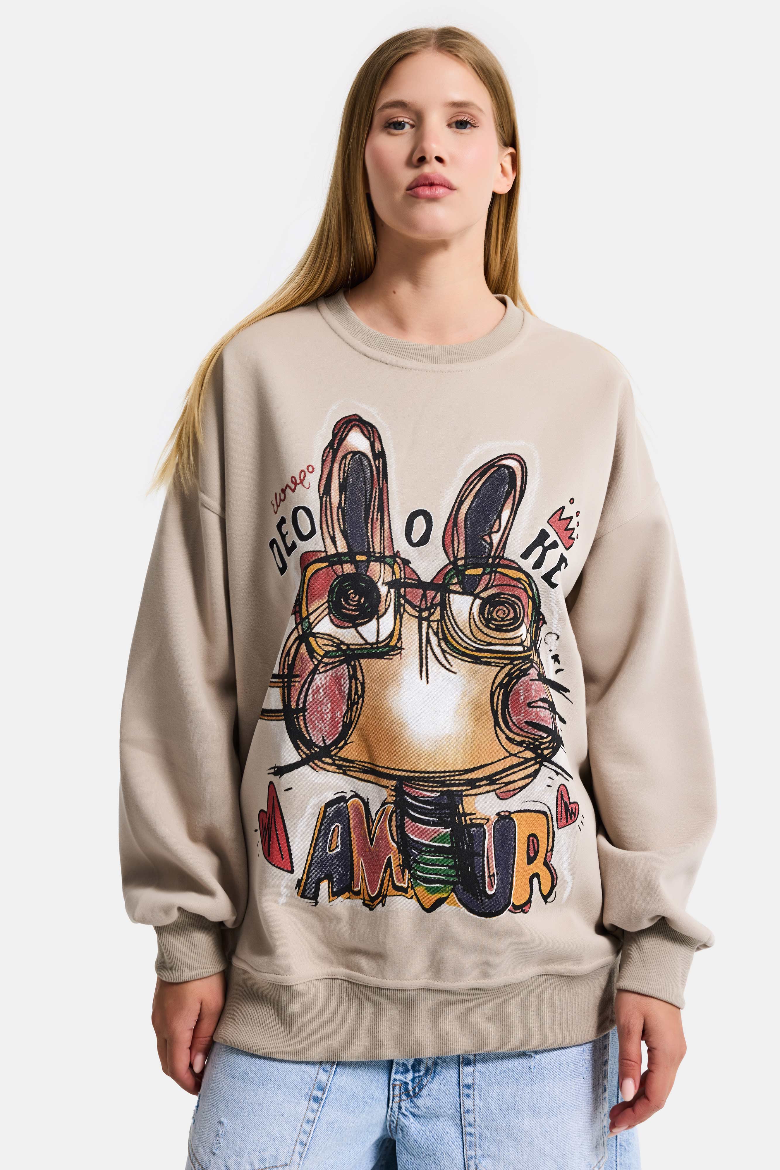 Kadın Ekru Bej w5 Oversize Baskılı %100 Koton Organik Kumaş Sweatshirt