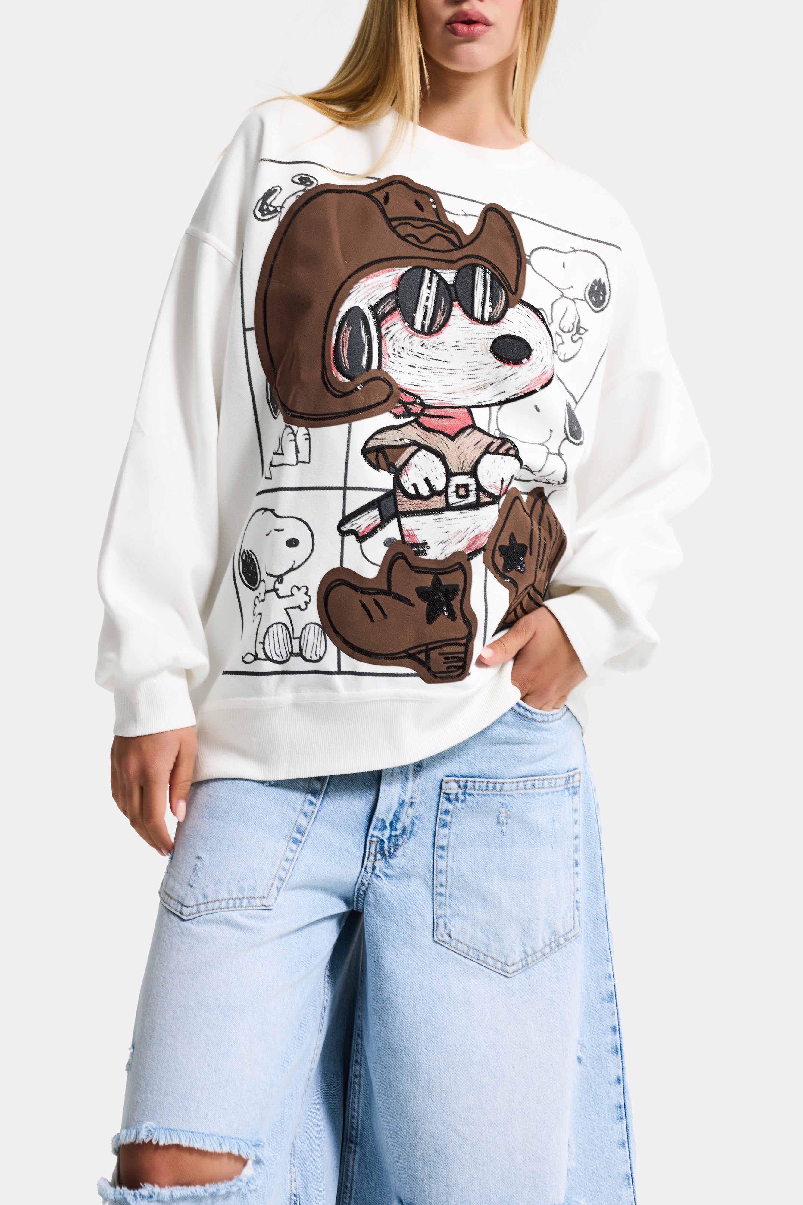 Kadın Beyaz w5 Oversize Baskılı %100 Koton Organik Kumaş Sweatshirt