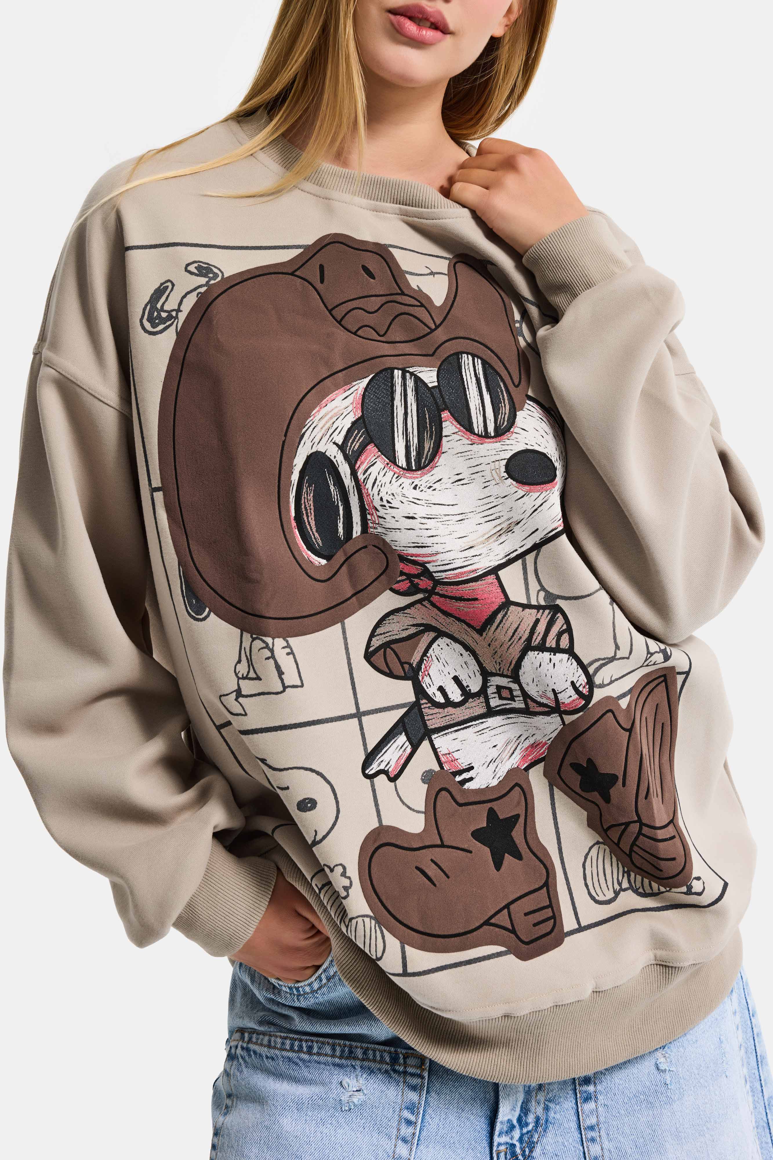 Women's Ecru Beige w5 Oversize Printed 100% Cotton Organic Fabric Sweatshirt