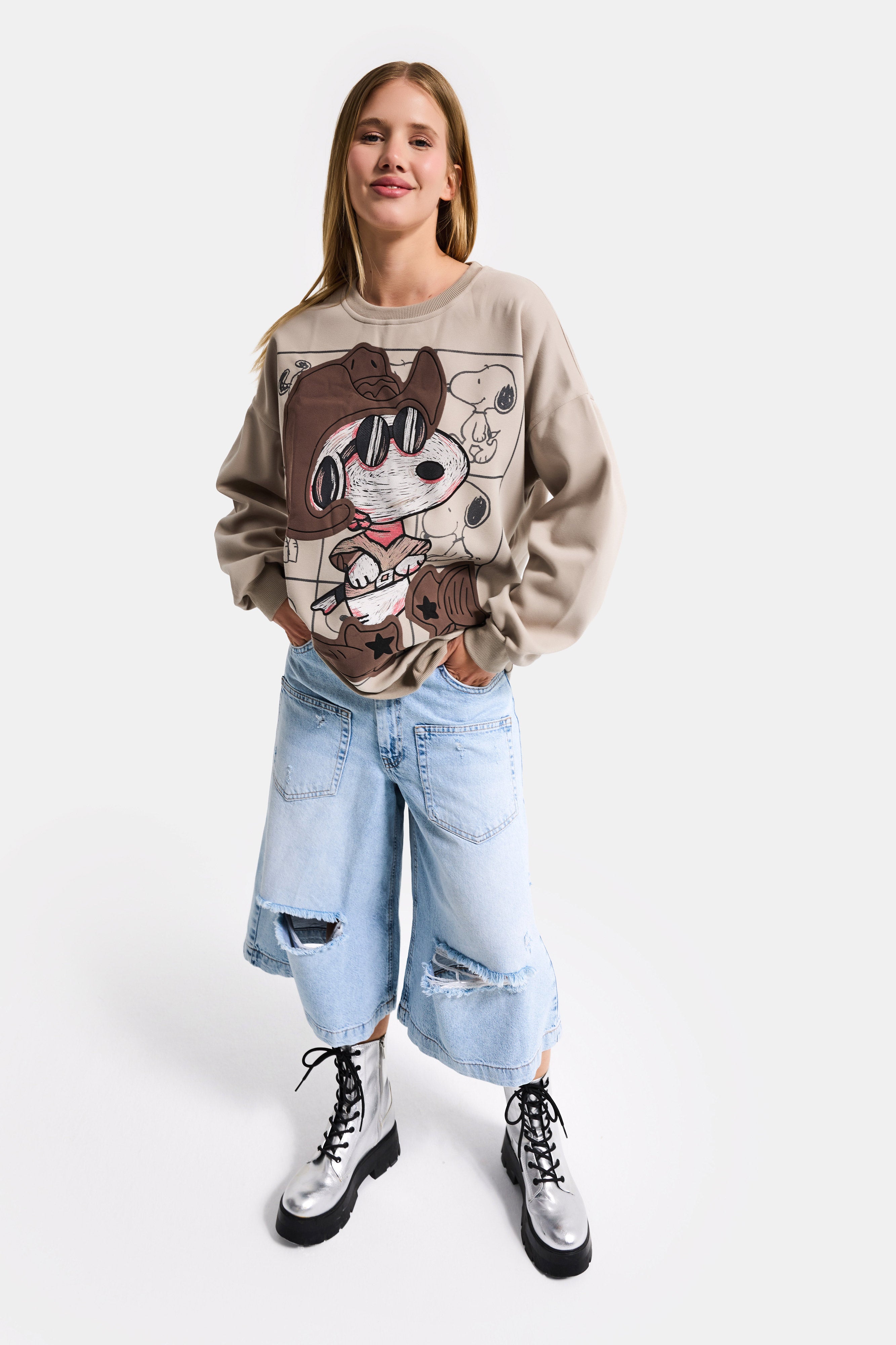 Women's Ecru Beige w5 Oversize Printed 100% Cotton Organic Fabric Sweatshirt