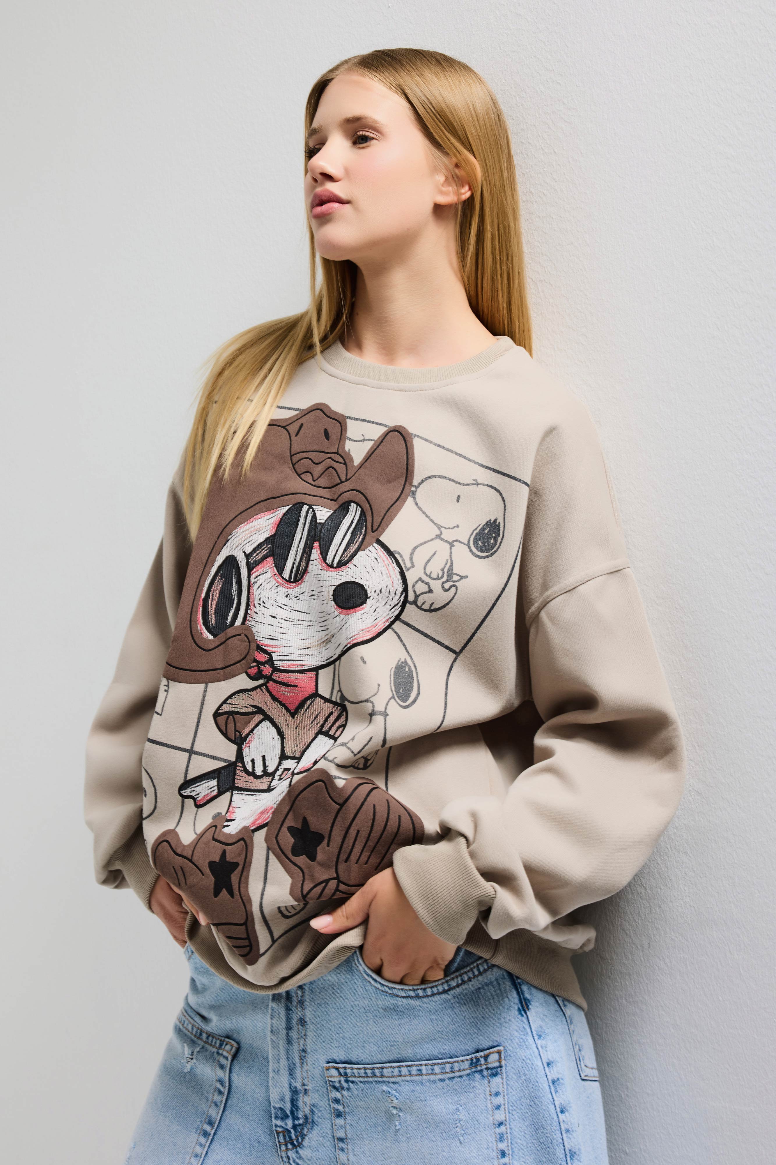 Women's Ecru Beige w5 Oversize Printed 100% Cotton Organic Fabric Sweatshirt
