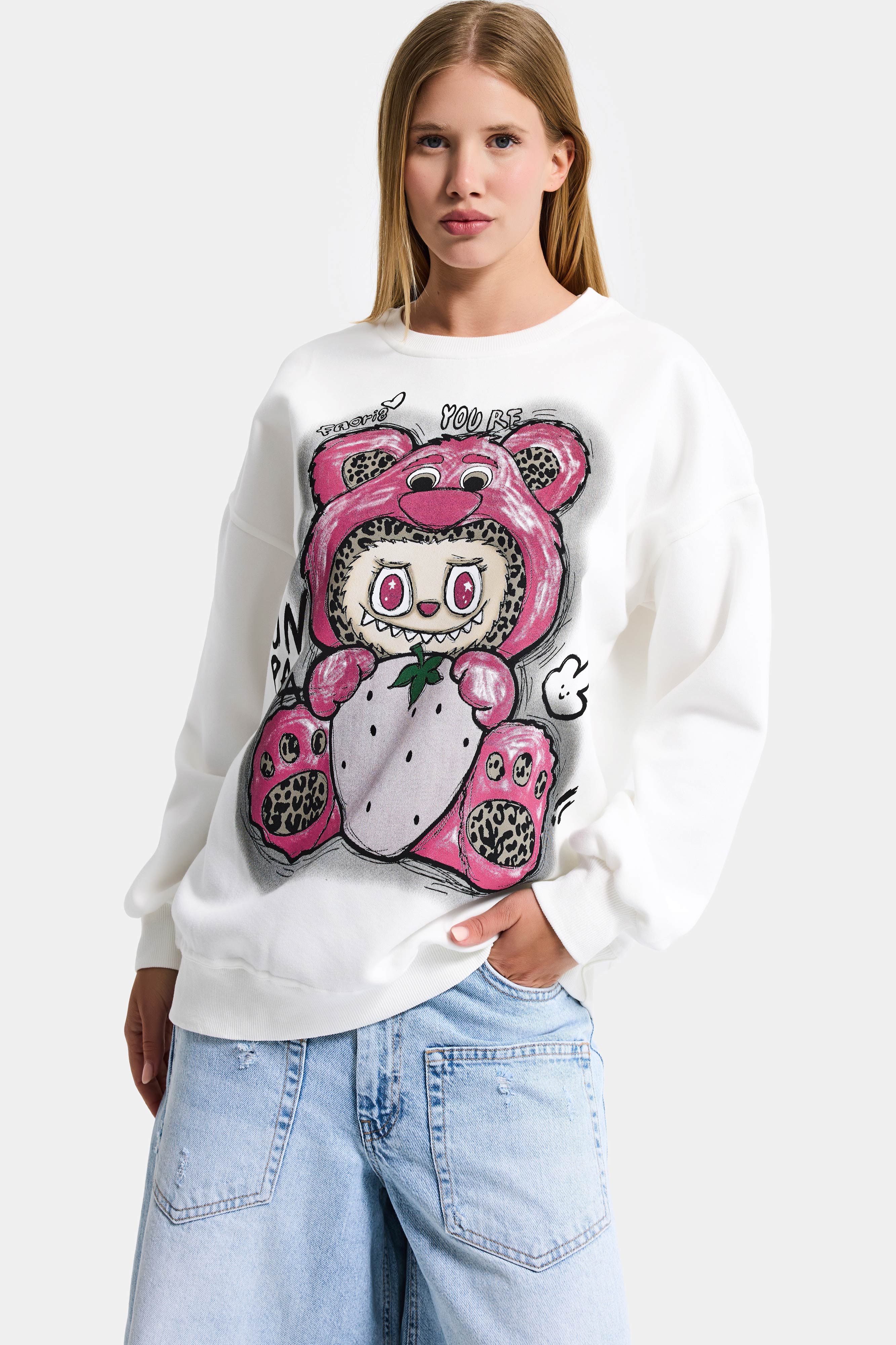Kadın Beyaz w5 Oversize Baskılı %100 Koton Organik Kumaş Sweatshirt
