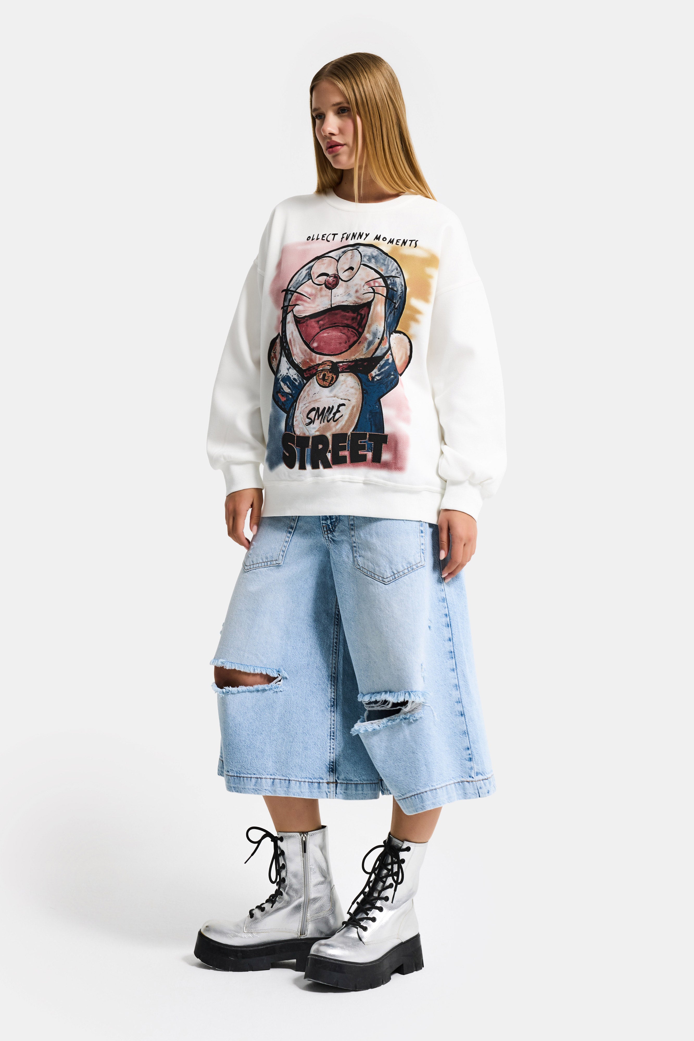 Kadın Beyaz w5 Oversize Baskılı %100 Koton Organik Kumaş Sweatshirt