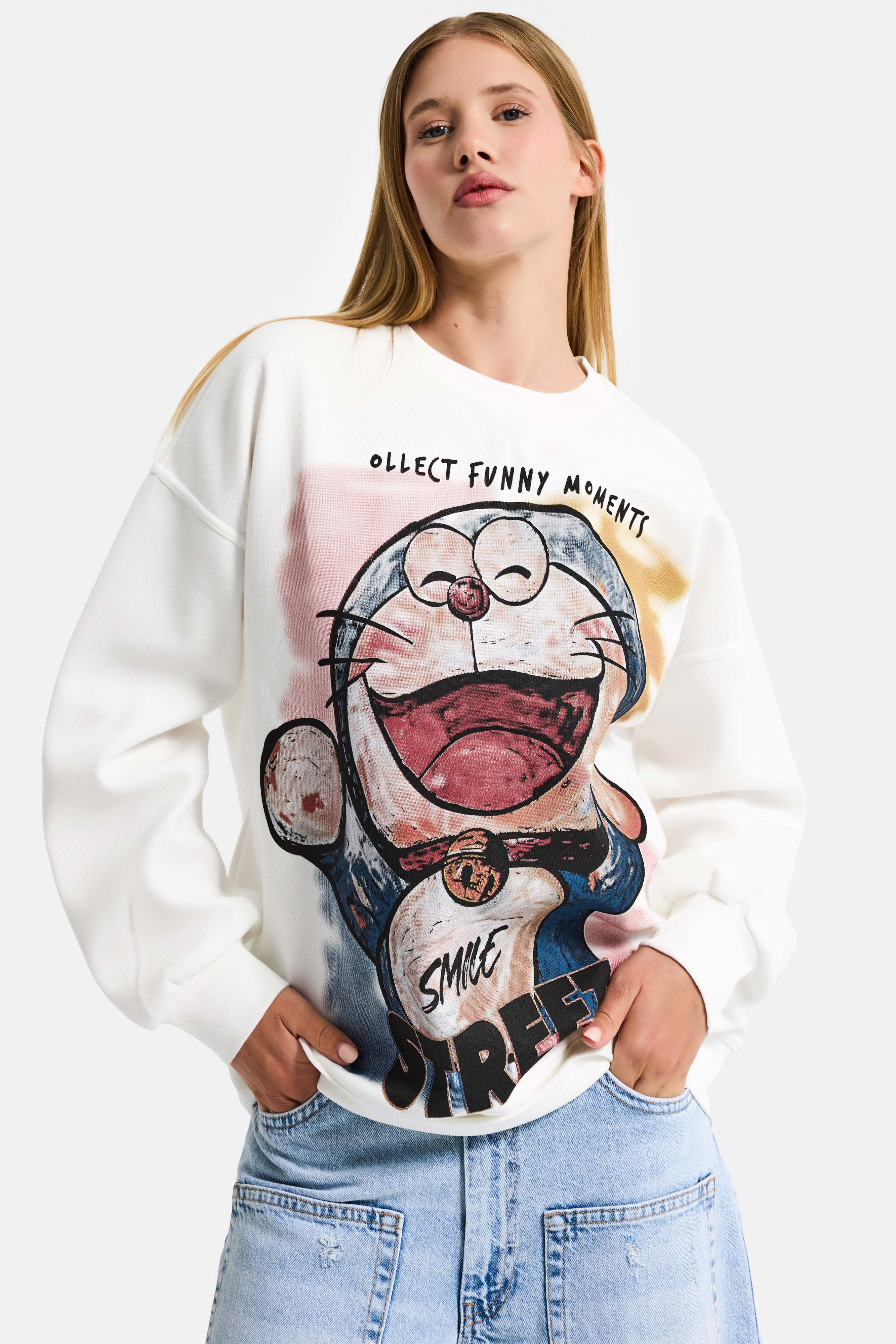 Women's White w5 Oversize Printed 100% Cotton Organic Fabric Sweatshirt