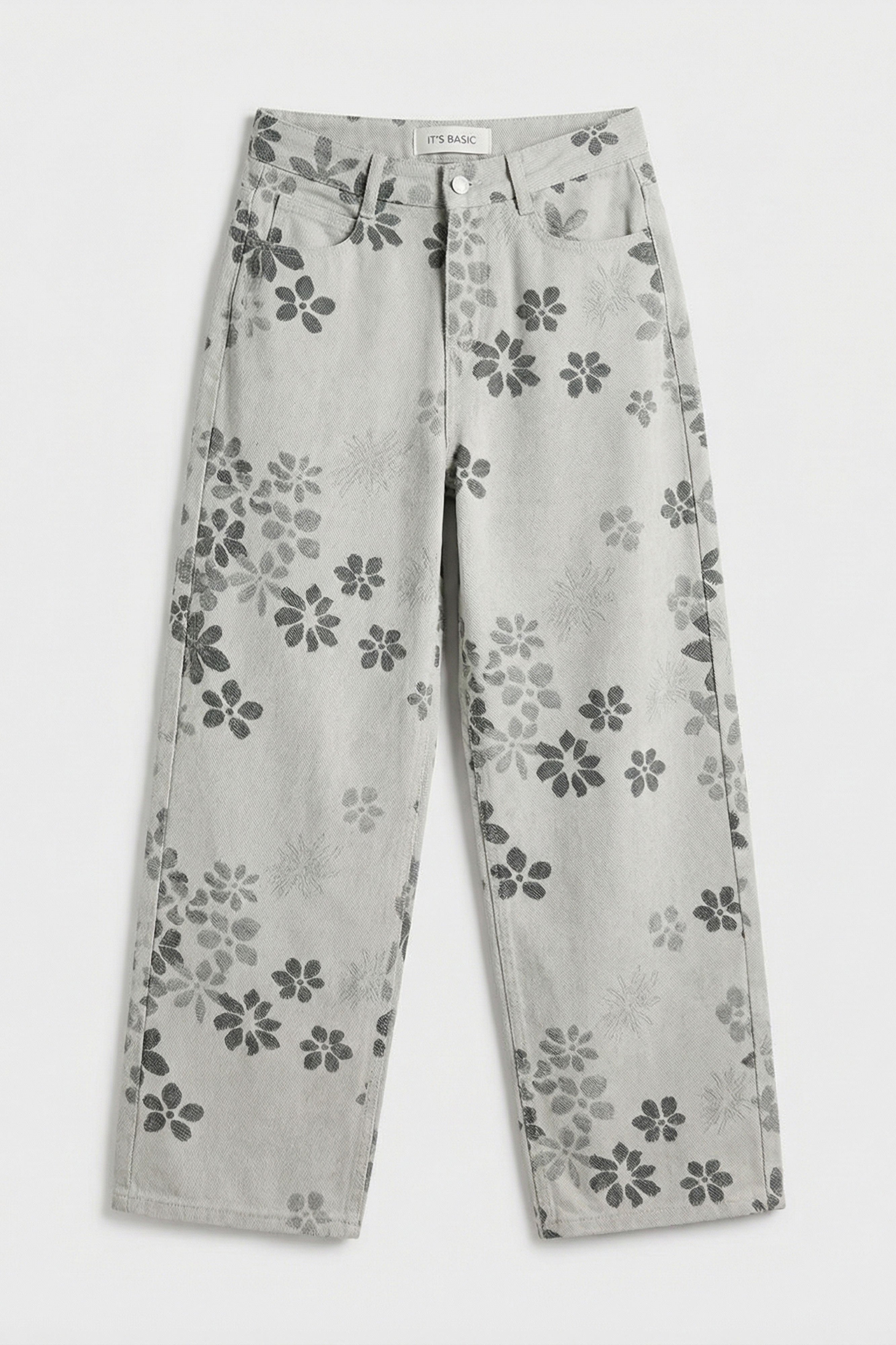 Kadın Gri Çiçekli w5 Özel Kumaş Tasarım Denim Jean