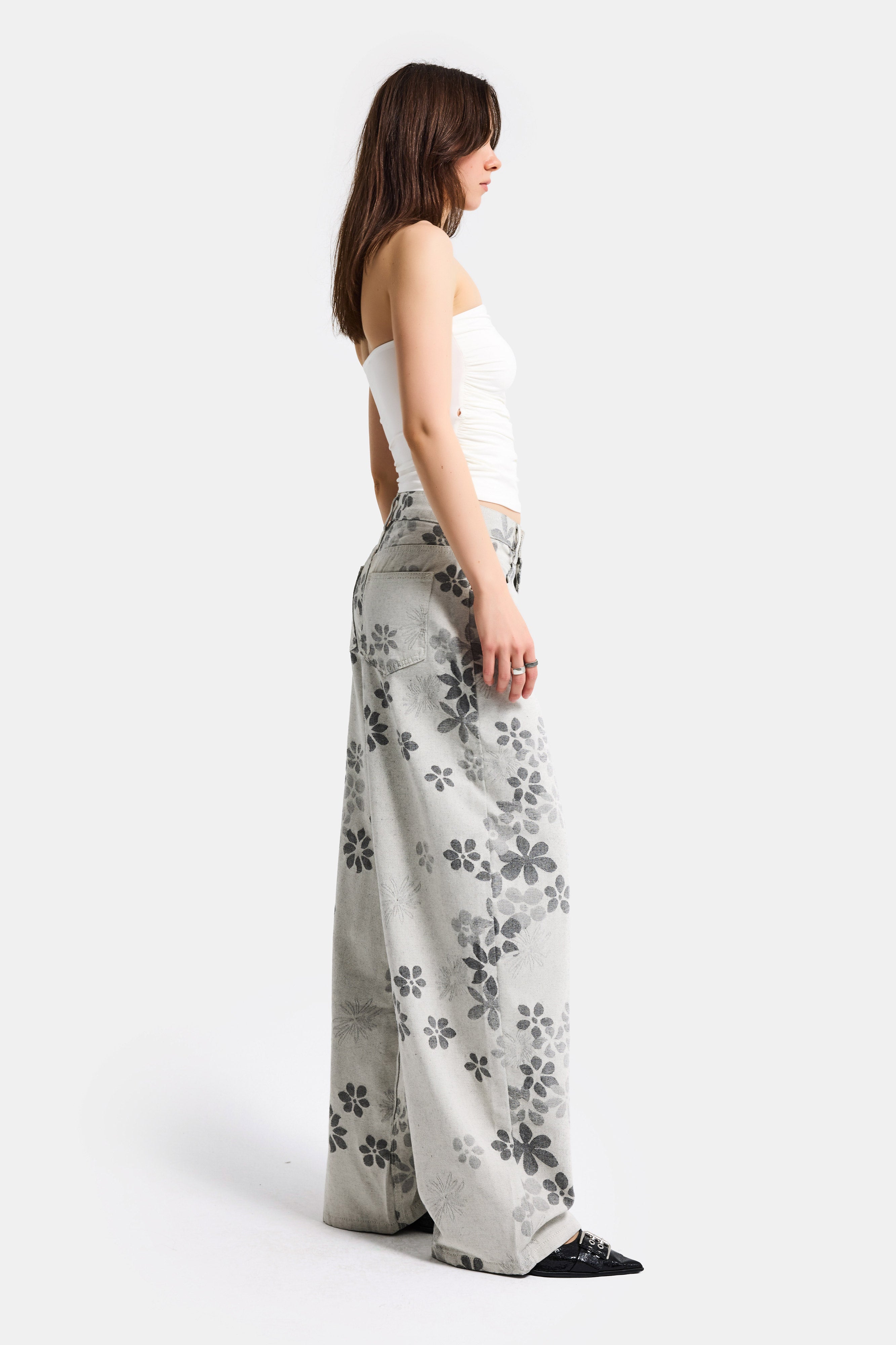 Kadın Gri Çiçekli w5 Özel Kumaş Tasarım Denim Jean