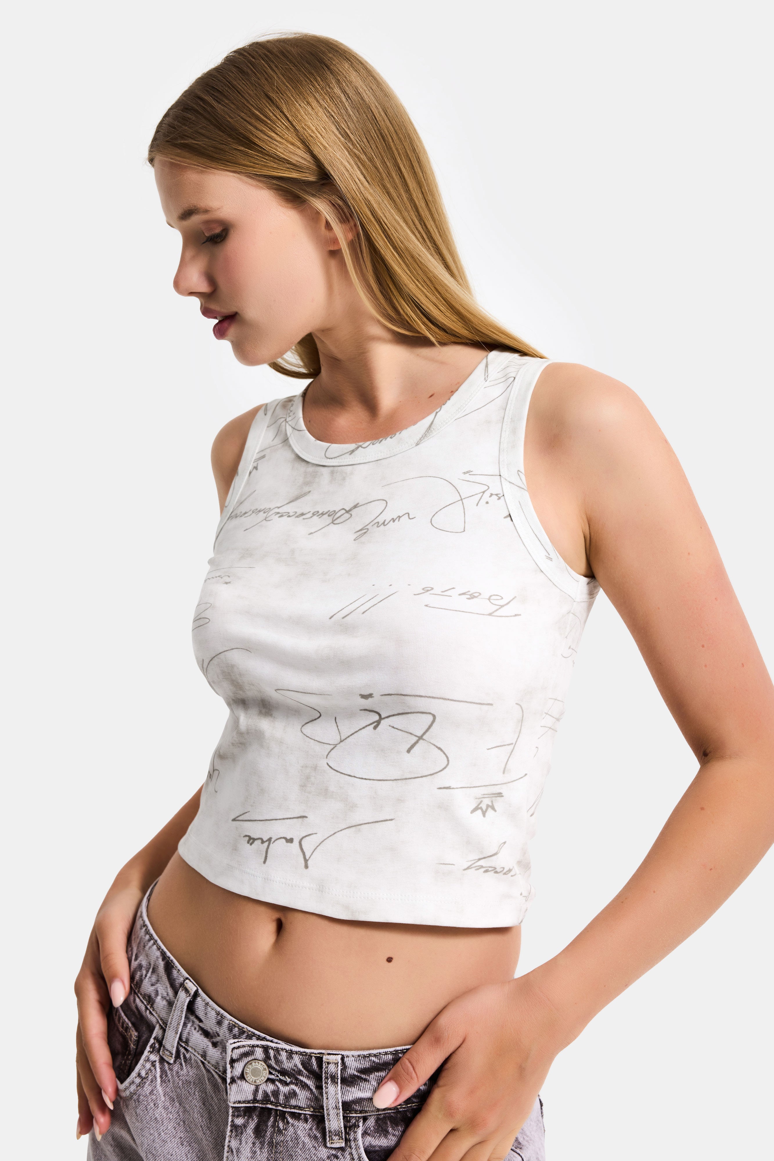 Kadın Beyaz w5 Crop Özel Baskılı Yıkamalı Kumaş Tasarım Body