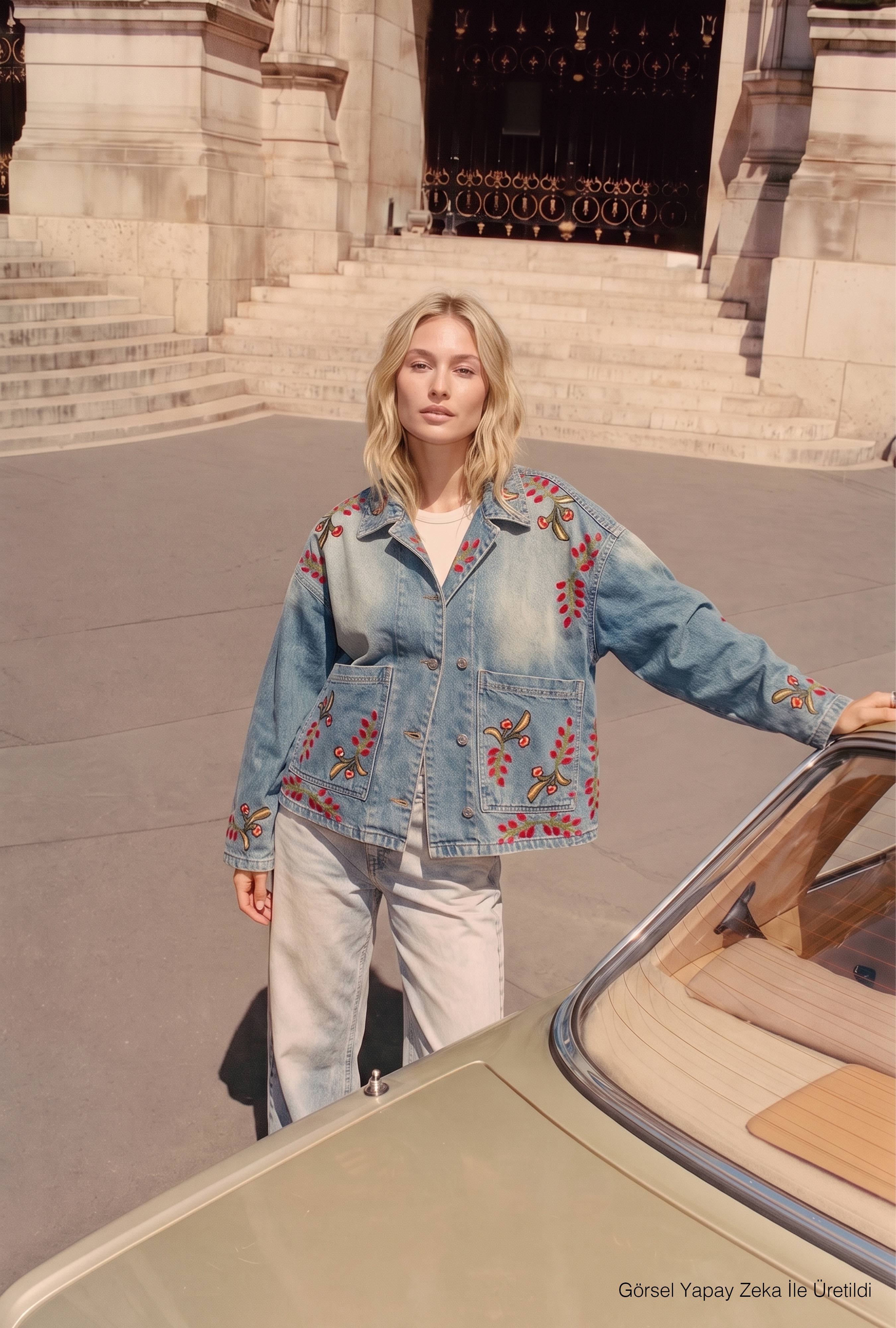 Kadın T.Kot Rengi 2S566 Çiçek Nakışlı Oversize Tasarım Denim Ceket