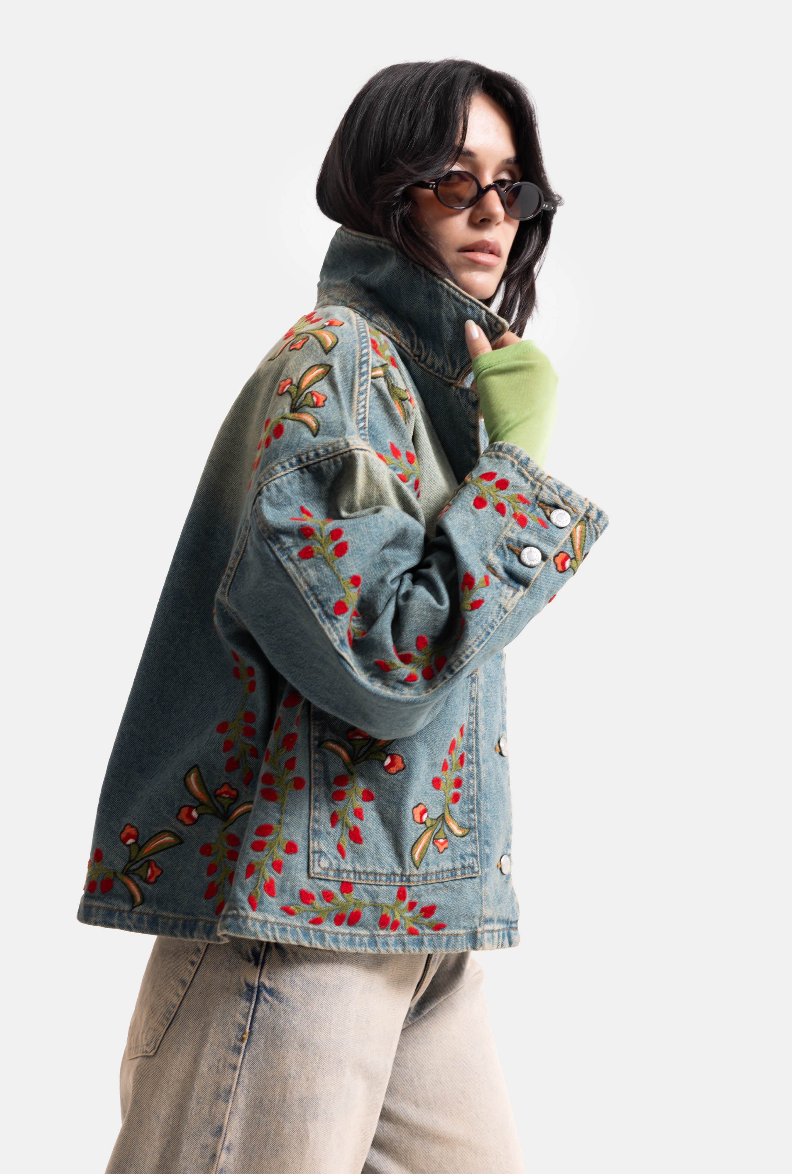 Kadın T.Kot Rengi 2S566 Çiçek Nakışlı Oversize Tasarım Denim Ceket
