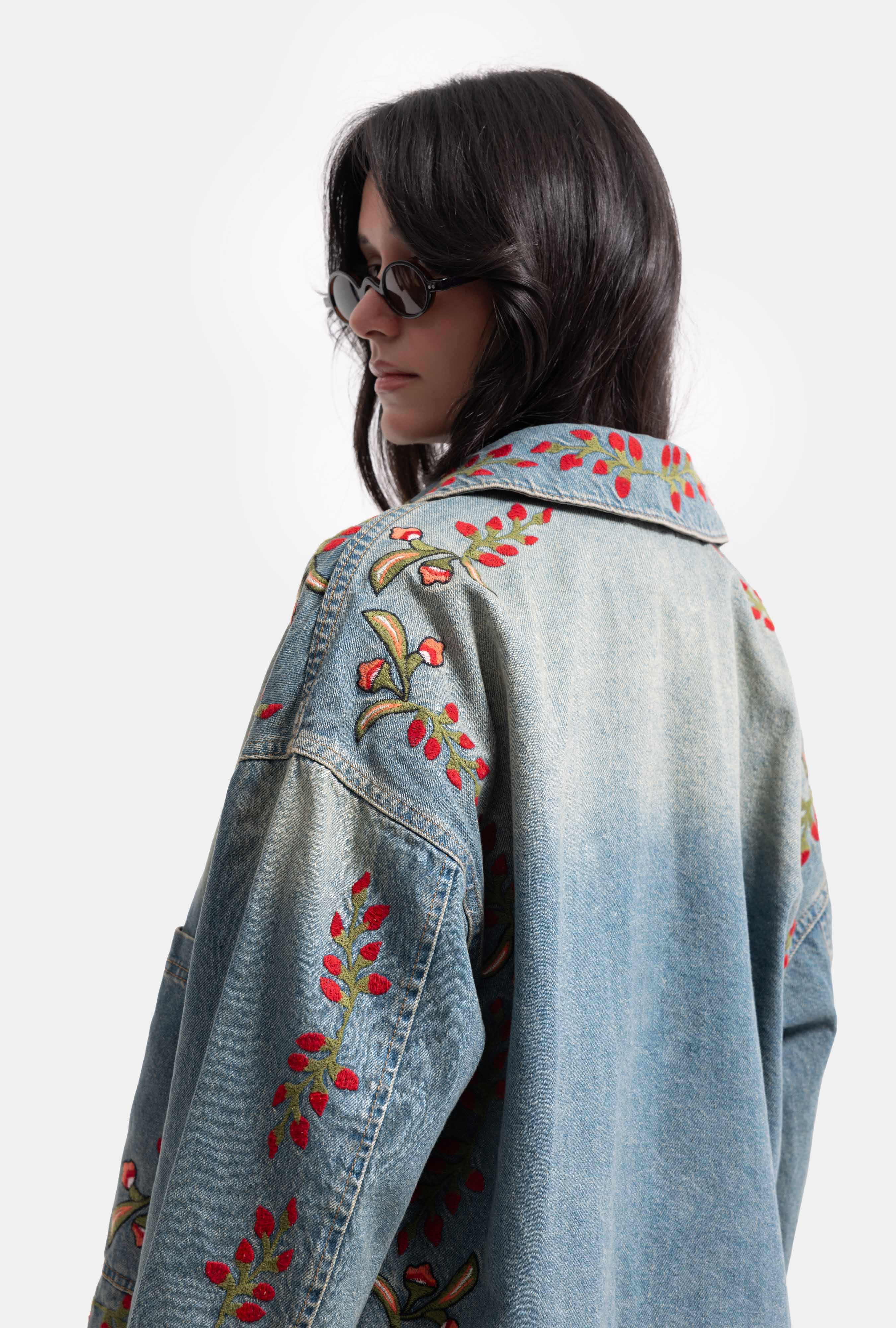Kadın T.Kot Rengi 2S566 Çiçek Nakışlı Oversize Tasarım Denim Ceket