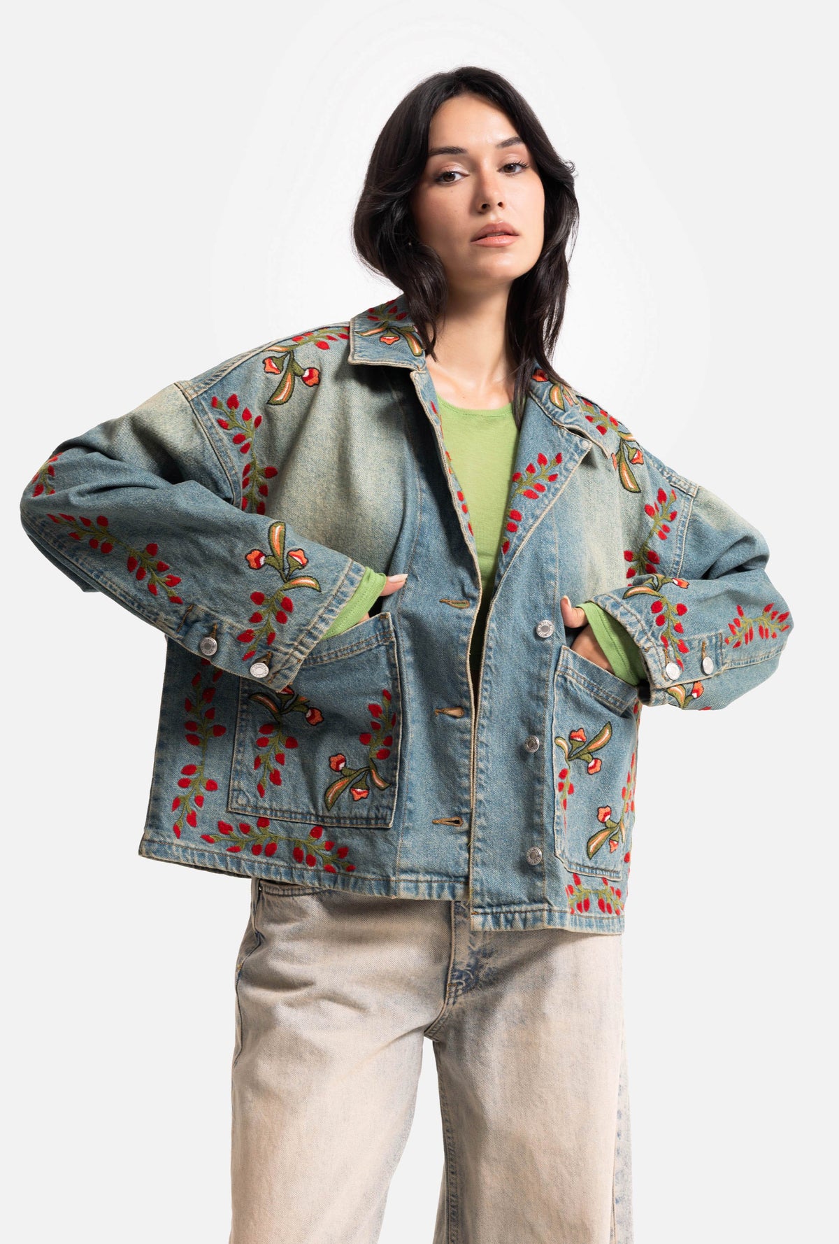 Kadın T.Kot Rengi 2S566 Çiçek Nakışlı Oversize Tasarım Denim Ceket