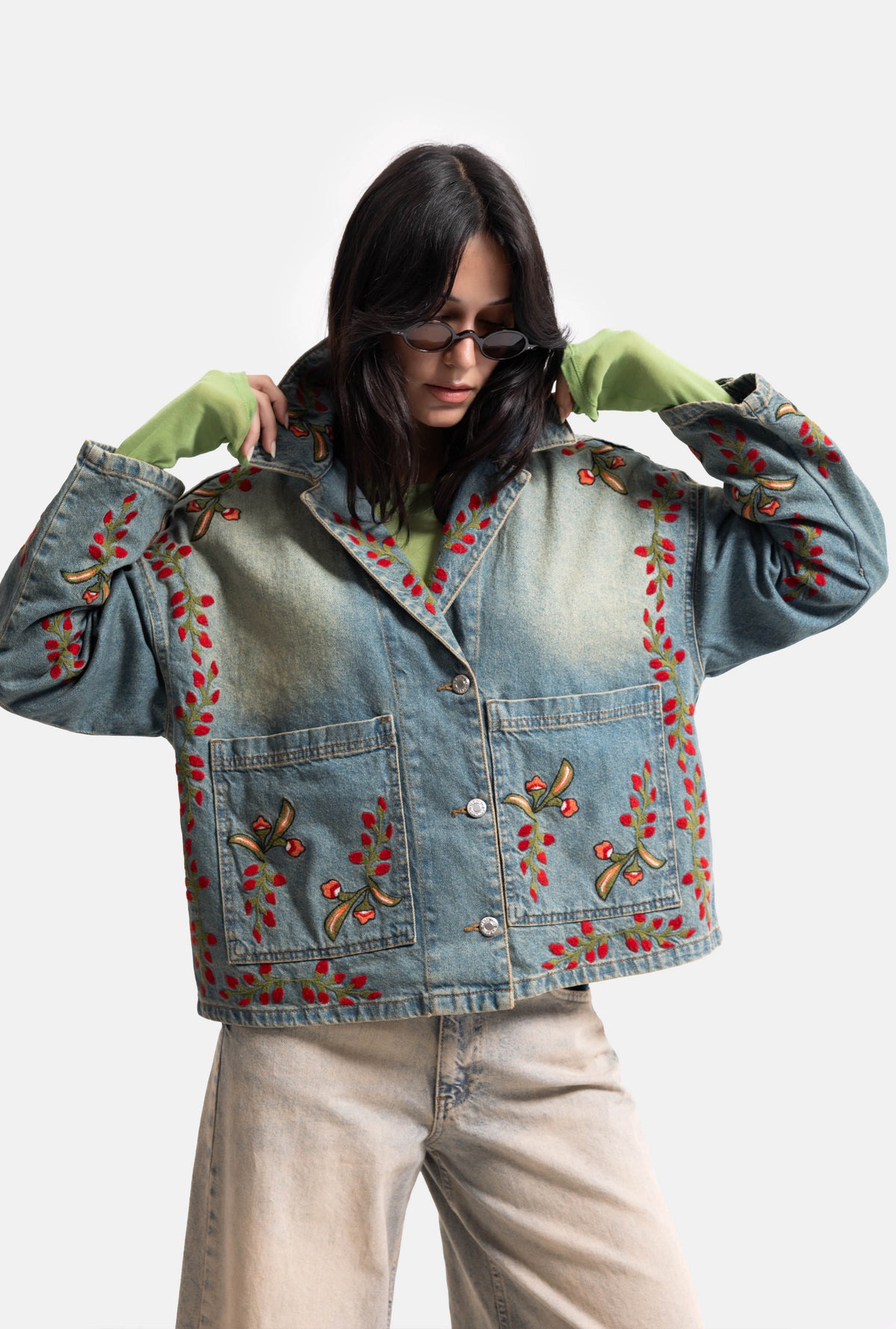 Kadın T.Kot Rengi 2S566 Çiçek Nakışlı Oversize Tasarım Denim Ceket