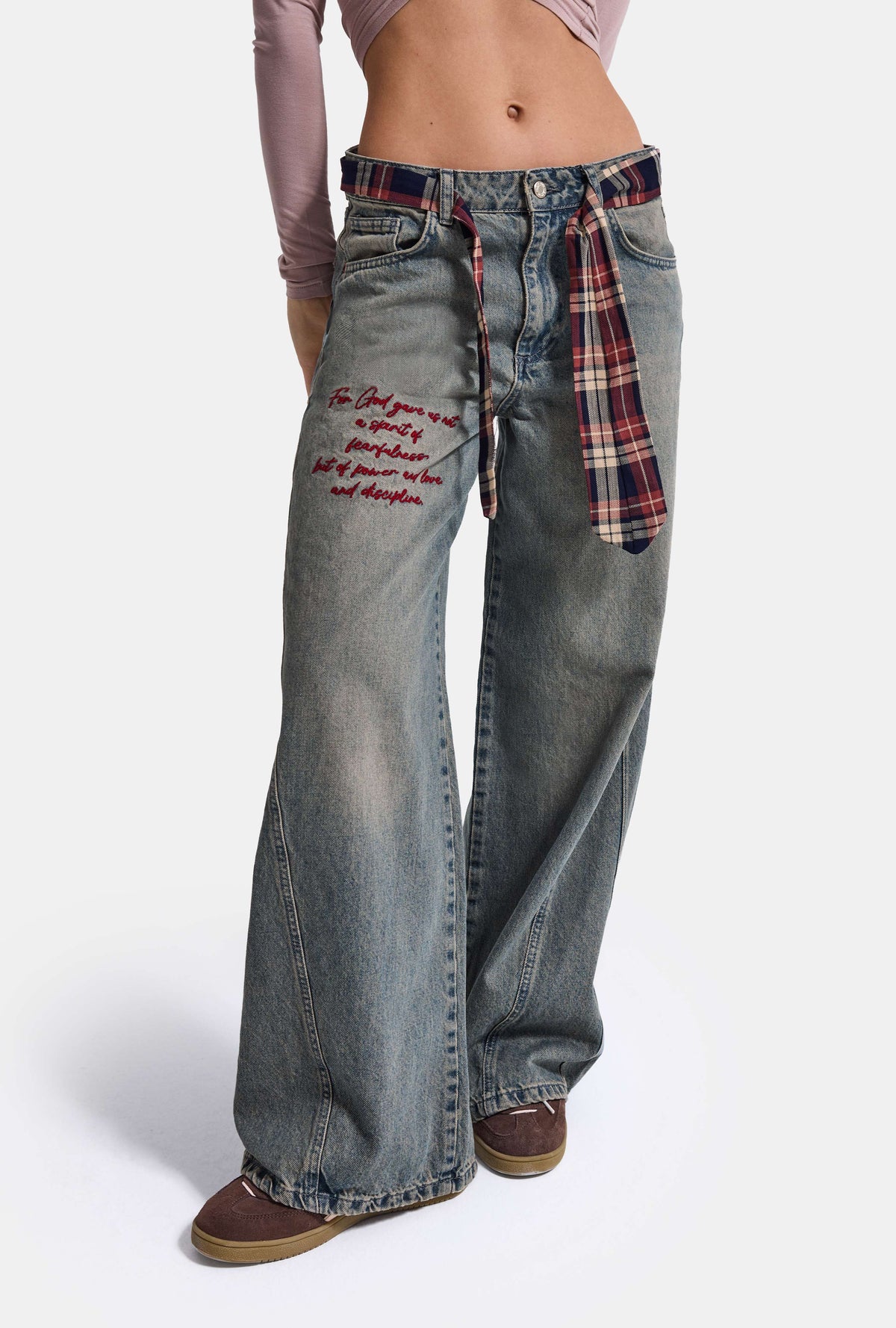Kadın 2w6-124 Wide Leg Fit Kemer ve Nakış Detaylı Tasarım Denim Jean
