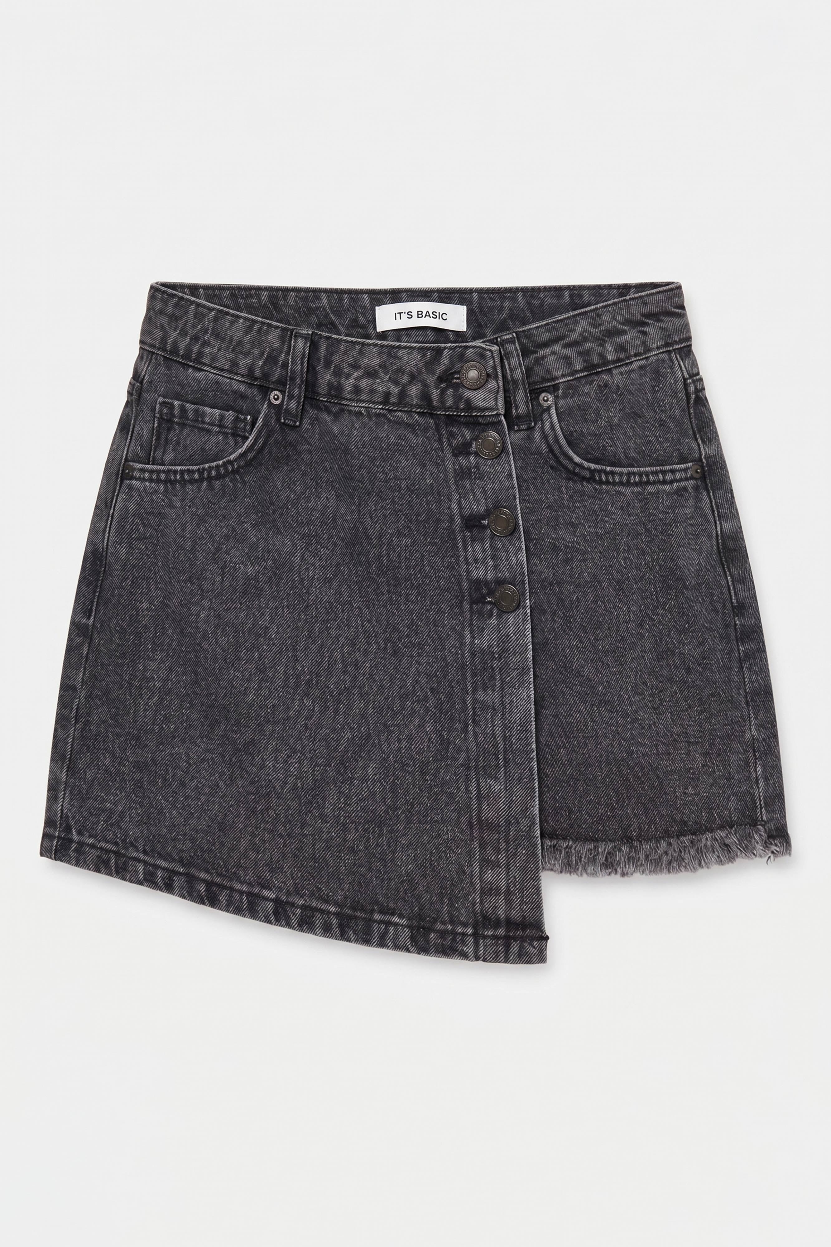 Kadın Gri Renk Önü Düğmeli Denim Şort Etek
