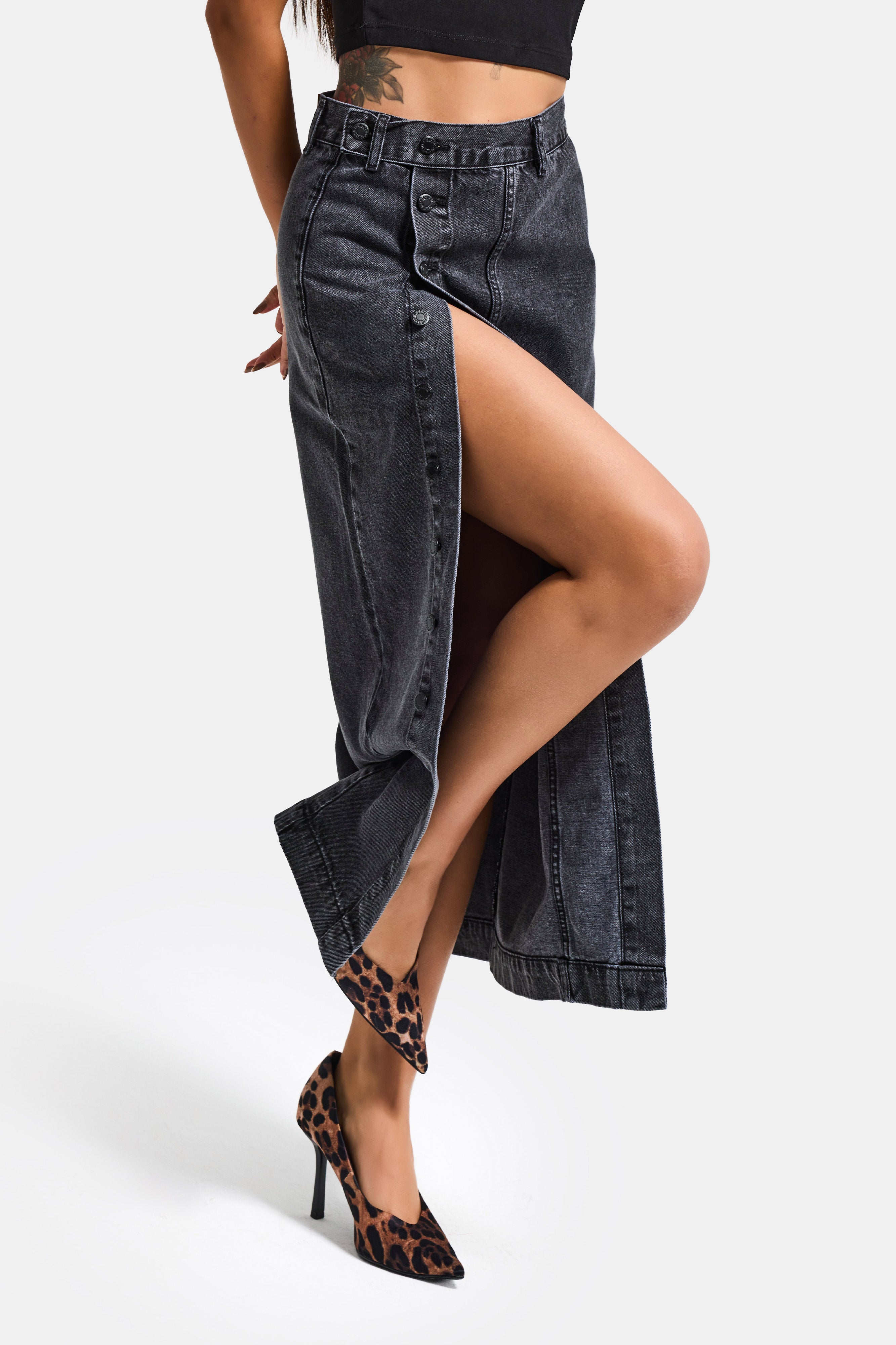 Women's Gray Smoke Color Front Buttoned Maxi Length Denim Skirt