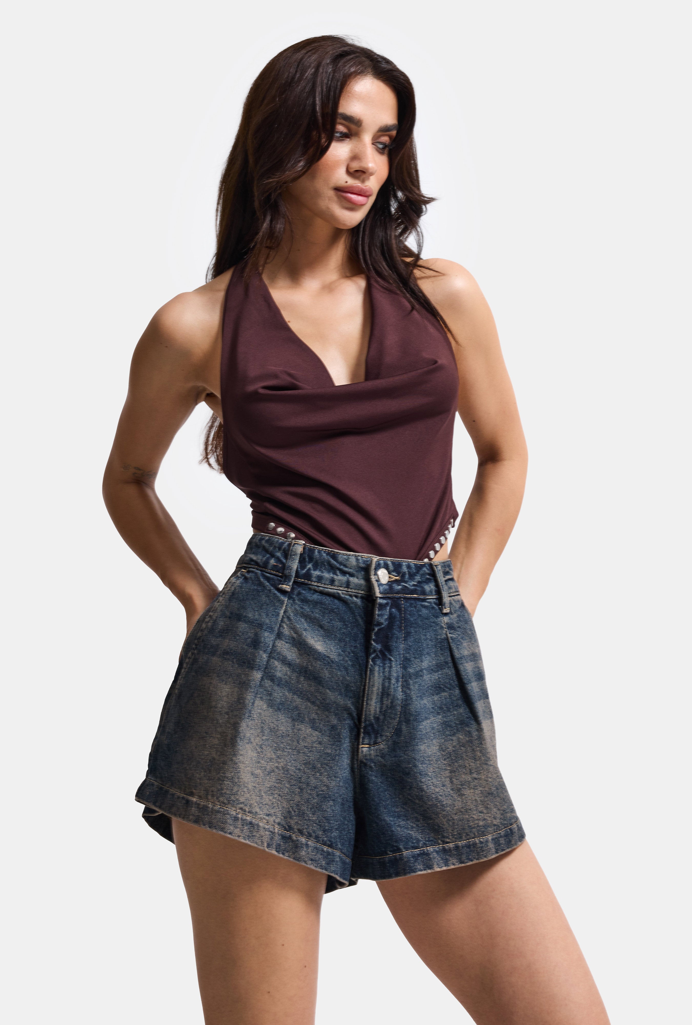 Kadın Koyu Kot 2s6 Mini Pileli Denim Şort