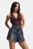 Women's Dark Blue Mini Pleated Denim Shorts