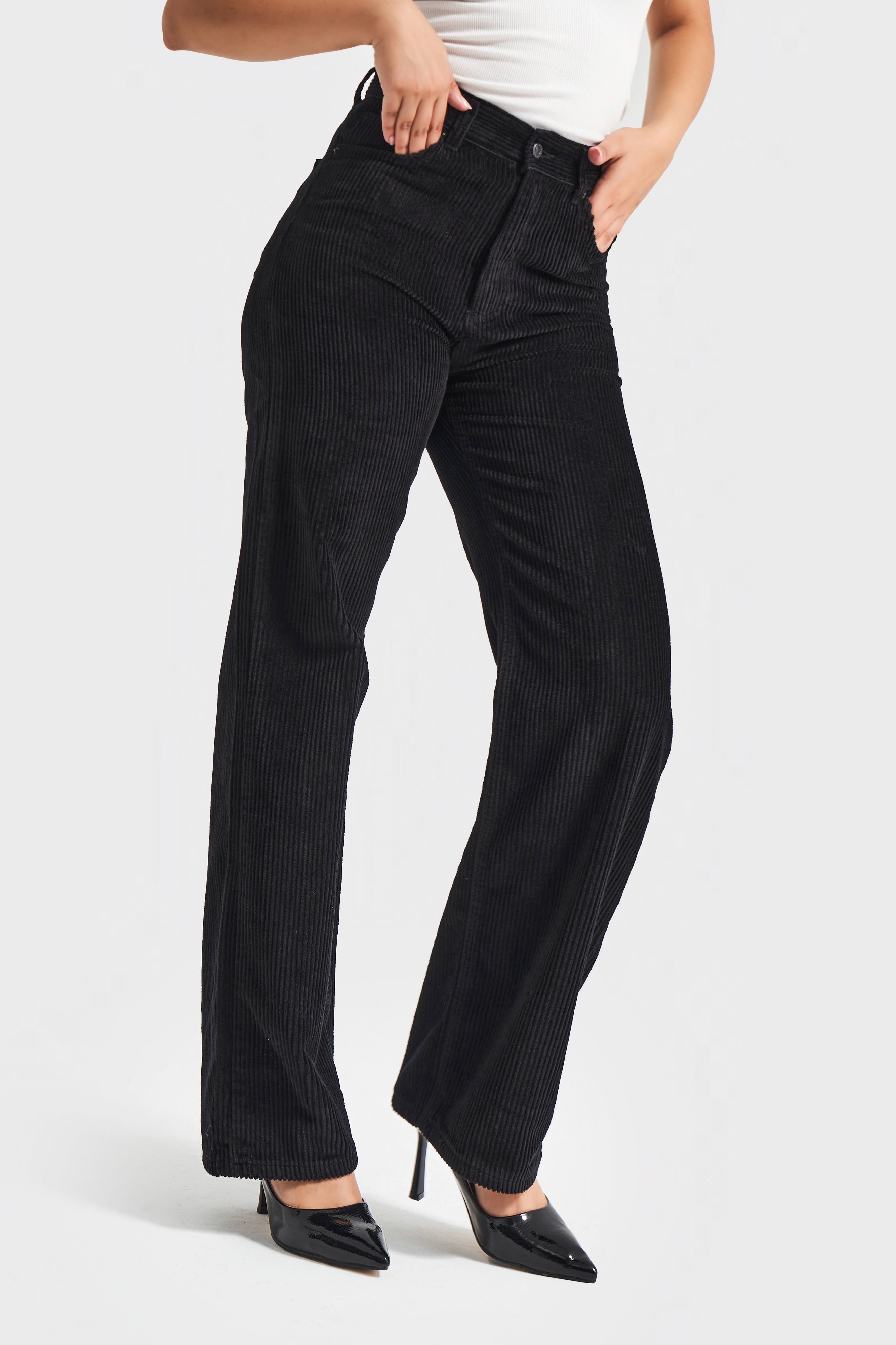 Kadın Siyah Doris 26w41 Renk Straight Fit Kalın Fitilli Kadife Pantolon