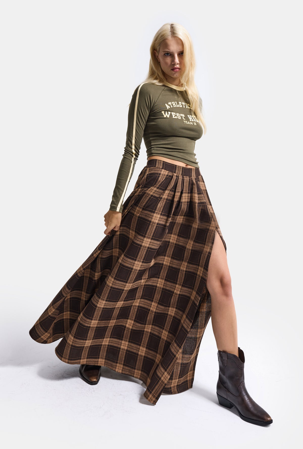 Women's Coffee Plaid s6-14 Maxi Length Slit Detailed Cotton Skirt